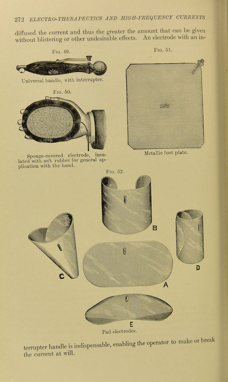 (lilVused the current and thus the greater tlie amount Unit can l>e given without blistering or other undesirable ellects. An electrode with an in- Fig. 49. Universal handle, with interrupter. Fig. 50. Sponge-covered electrode, insu- lated with soft rubber for general ap- plication with the hand. Fig. 52. Fig. 51. terrupter handle is indispensable, enabling the operator to make or break the current at will.