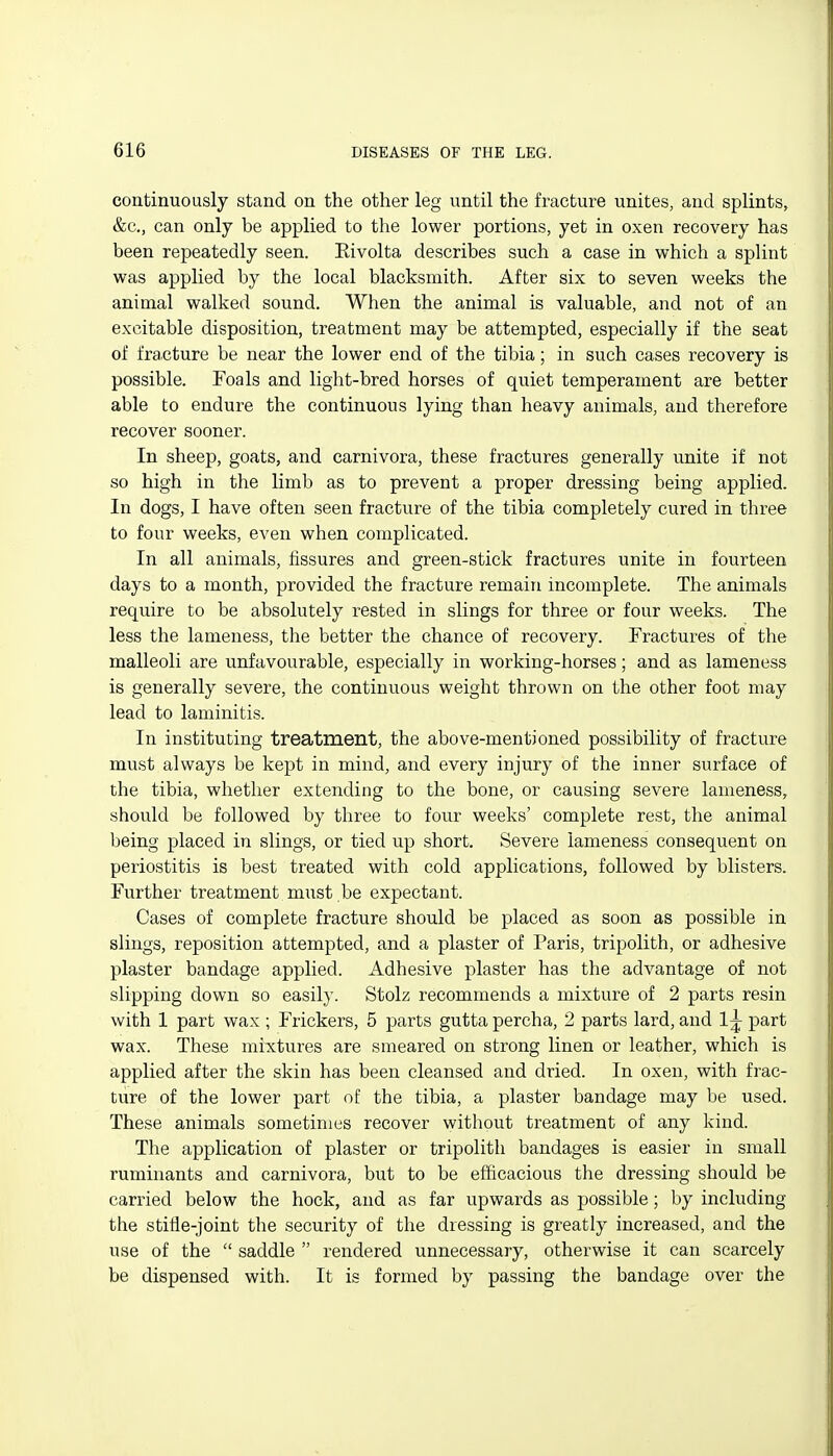 continuously stand on the other leg until the fracture unites, and splints, &c., can only be applied to the lower portions, yet in oxen recovery has been repeatedly seen. Eivolta describes such a case in which a splint was applied by the local blacksmith. After six to seven weeks the animal walked sound. When the animal is valuable, and not of an excitable disposition, treatment may be attempted, especially if the seat of fracture be near the lower end of the tibia; in such cases recovery is possible. Foals and light-bred horses of quiet temperament are better able to endure the continuous lying than heavy animals, and therefore recover sooner. In sheep, goats, and carnivora, these fractures generally unite if not so high in the limb as to prevent a proper dressing being applied. In dogs, I have often seen fracture of the tibia completely cured in three to four weeks, even when complicated. In all animals, fissures and green-stick fractures unite in fourteen days to a month, provided the fracture remain incomplete. The animals require to be absolutely rested in slings for three or four weeks. The less the lameness, the better the chance of recovery. Fractures of the malleoli are unfavourable, especially in working-horses; and as lameness is generally severe, the continuous weight thrown on the other foot may lead to laminitis. In instituting treatment, the above-mentioned possibility of fracture must always be kept in mind, and every injury of the inner surface of the tibia, whether extending to the bone, or causing severe lameness, should be followed by three to four weeks' complete rest, the animal being placed in slings, or tied up short. Severe lameness consequent on periostitis is best treated with cold applications, followed by blisters. Further treatment must be expectant. Cases of complete fracture should be placed as soon as possible in slings, reposition attempted, and a plaster of Paris, tripolith, or adhesive plaster bandage applied. Adhesive plaster has the advantage of not slipping down so easily. Stolz recommends a mixture of 2 parts resin with 1 part wax ; Frickers, 5 parts gutta percha, 2 parts lard, and 1^ part wax. These mixtures are smeared on strong linen or leather, which is applied after the skin has been cleansed and dried. In oxen, with frac- ture of the lower part of the tibia, a plaster bandage may be used. These animals sometimes recover without treatment of any kind. The application of plaster or tripolith bandages is easier in small ruminants and carnivora, but to be efficacious the dressing should be carried below the hock, and as far upwards as possible; by including the stifle-joint the security of the dressing is greatly increased, and the use of the saddle rendered unnecessary, otherwise it can scarcely be dispensed with. It is formed by passing the bandage over the
