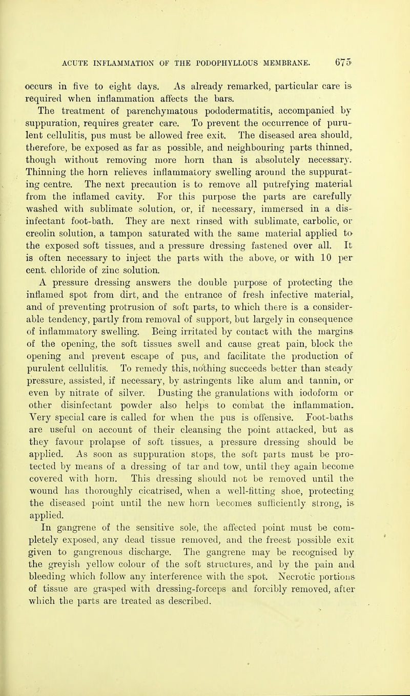 occurs in five to eight days. As already remarked, particular care is required when inflammation affects the bars. The treatment of parenchymatous pododermatitis, accompanied by suppuration, requires greater care. To prevent the occurrence of puru- lent cellulitis, pus must be allowed free exit. The diseased area should, therefore, be exposed as far as possible, and neighbouring parts thinned, though without removing more horn than is absolutely necessary. Thinning the horn relieves inflammatory swelling around the suppurat- ing centre. The next precaution is to remove all putrefying material from the inflamed cavity. For this purpose the parts are carefully washed with sublimate solution, or, if necessary, immersed in a dis- infectant foot-bath. They are next rinsed with sublimate, carbolic, or creolin solution, a tampon saturated with the same material applied to the exposed soft tissues, and a pressure dressing fastened over all. It is often necessary to inject the parts with the above, or with 10 per cent, chloride of zinc solution. A pressure dressing answers tlie double purpose of protecting the inflamed spot from dirt, and the entrance of fresh infective material, and of preventing protrusion of soft parts, to which there is a consider- able tendency, partly from removal of support, but largely in consequence of inflammatory swelling. Being irritated by contact with the margins- of the opening, the soft tissues swell and cause great pain, block the opening and prevent escape of pus, and facilitate the production of purulent cellulitis. To remedy this, no'thing succeeds better than steady pressure, assisted, if necessary, by astringents like alum and tannin, or even by nitrate of silver. Dusting the granulations with iodoform or other disinfectant powder also helps to combat the inflammation. Very special care is called for when the pus is offensive. Foot-baths are useful on account of their cleansing the point attacked, but as they favour prolapse of soft tissues, a pressure dressing should be applied. As soon as suppuration stops, the soft parts must be pro- tected by means of a dressing of tar and tow, until they again become covered with horn. This dressing should not be removed, until the wound has thoroughly cicatrised, when a well-fitting shoe, protecting the diseased point until the new horn becomes sutficiently strong, is applied. In gangrene of the sensitive sole, the affected point must be com- pletely exposed, any dead tissue removed, and the freest possible exit given to gangrenous discharge. The gangrene may be recognised by the greyish yellow colour of the soft structures, and by the pain and bleeding which follow any interference with the spot. Necrotic portions of tissue are grasped with dressing-forceps and forcibly removed, after which the parts are treated as described.