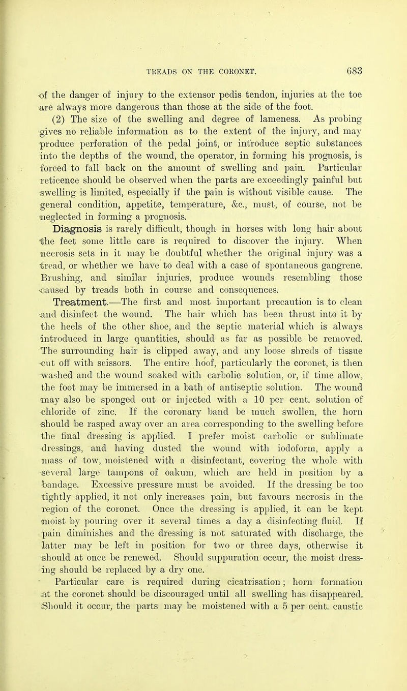of the danger of injury to the extensor pedis tendon, injuries at the toe are always more dangerous than those at the side of the foot. (2) The size of the swelHng and degree of lameness. As probing ^ives no reliable information as to the extent of the injury, and may produce perforation of the pedal joint, or introduce septic substances into the depths of the wound, the operator, in forming his prognosis, is forced to fall back on the amount of swelling and pain. Particular reticence should be observed when the parts are exceedingly painful but swelling is limited, especially if the pain is without visible cause. The general condition, appetite, temperature, &c., must, of course, not be neglected in forming a prognosis. Diagnosis is rarely difficult, though in horses with long hair about the feet some little care is required to discover the injury. When necrosis sets in it may be doubtful whether the original injury was a tread, or whether we have to deal with a case of spontaneous gangrene. Brushing, and similar injuries, produce wounds resembling those scaused by treads both in course and consequences. Treatment.—The first and most important precaution is to clean •and disinfect the wound. The hair which has been thrust into it by the heels of the other shoe, and the septic material which is always introduced in large quantities, should as far as possible be removed. The surrounding hair is clipped away, and any loose shreds of tissue •cut off with scissors. The entire hoof, particularly the coronet, is then ■washed and the wound soaked with carbolic solution, or, if time allow, the foot may be immersed in a bath of antiseptic solution. The wound <may also be sponged out or injected with a 10 per cent, solution of chloride of zinc. If the coronary band be much swollen, the horn -should be rasped away over an area corresponding to the swelling before the final dressing is applied. I prefer moist carbolic or sublimate •dressings, and having dusted the wound with iodoform, apply a mass of tow, moistened with a disinfectant, coverins; the whole with ■several large tampons of oakum, which are held in position by a bandage. Excessive pressure must be avoided. If the dressing be too tightly applied, it not only increases pain, but favours necrosis in the region of the coronet. Once the dressing is applied, it can be kept <moist by pouring over it several times a day a disinfecting fluid. If pain diminishes and the dressing is not saturated with discharge, the latter may be left in position for two or three days, otherwise it should at once be renewed. Should suppuration occur, the moist dress- ing should be replaced by a dry one. Particular care is required during cicatrisation; horn formation at the coronet should be discouraged until all swelling has disappeared. •.Should it occur, the parts may be moistened with a 5 per cent, caustic