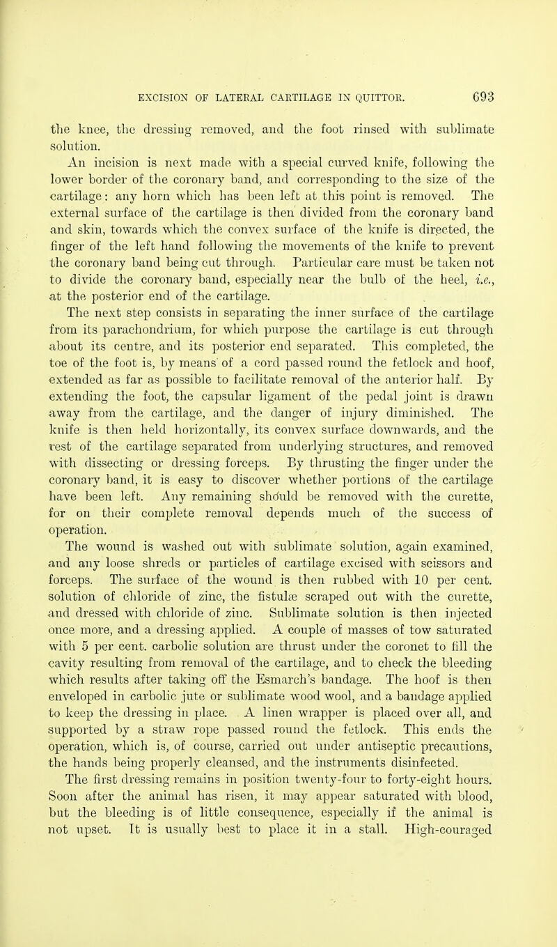 the knee, the dressing removed, and the foot rinsed with suljHmate sohition. An incision is next made with a special curved knife, following the lower border of the coronary band, and corresponding to the size of the cartilage: any horn which has been left at this point is removed. The external surface of the cartilage is then divided from the coronary band and skin, towards which the convex surface of the knife is directed, the finger of the left hand following the movements of the knife to prevent the coronary band being cut through. Particular care must be taken not to divide the coronary band, especially near the bulb of the heel, i.e., at the posterior end of the cartilage. The next step consists in separating the inner surface of the cartilage from its parachondrium, for which purpose the cartilage is cut through about its centre, and its posterior end separated. This completed, the toe of the foot is, by means of a cord passed round the fetlock and hoof, extended as far as possible to facilitate removal of the anterior half. Ey extending the foot, the capsular ligament of the pedal joint is drawn away from the cartilage, and tlie danger of injury diminished. The knife is then held horizontally, its convex surface downwards, and the fest of the cartilage separated from underlying structures, and removed with dissecting or dressing forceps. By thrusting the finger under the coronary band, it is easy to discover whether portions of the cartilage have been left. Any remaining shduld be removed with the curette, for on their complete removal depends much of tlie success of operation. The wound is washed out with sublimate solution, again examined, and any loose shreds or particles of cartilage excised with scissors and forceps. The surface of the wound is then rubbed with 10 per cent, solution of chloride of zinc, the fistuhe scraped out with the curette, and dressed with chloride of zinc. Sublimate solution is then injected once more, and a dressing applied. A couple of masses of tow saturated with 5 per cent, carbolic solution are thrust under the coronet to fill the cavity resulting from removal of the cartilage, and to check the bleeding which results after taking off the Esmarch's bandage. The hoof is then enveloped in carbolic jute or sublimate wood wool, and a bandage applied to keep the dressing in place. A linen wrapper is placed over all, and supported by a straw rope passed round the fetlock. This ends the operation, which is, of course, carried out under antiseptic precautions, the hands being properly cleansed, and the instruments disinfected. The first dressing remains in position twenty-four to forty-eight hours. Soon after the animal has risen, it may appear saturated with blood, but the bleeding is of little consequence, especially if the animal is not upset. It is usually best to place it in a stalL High-couraged
