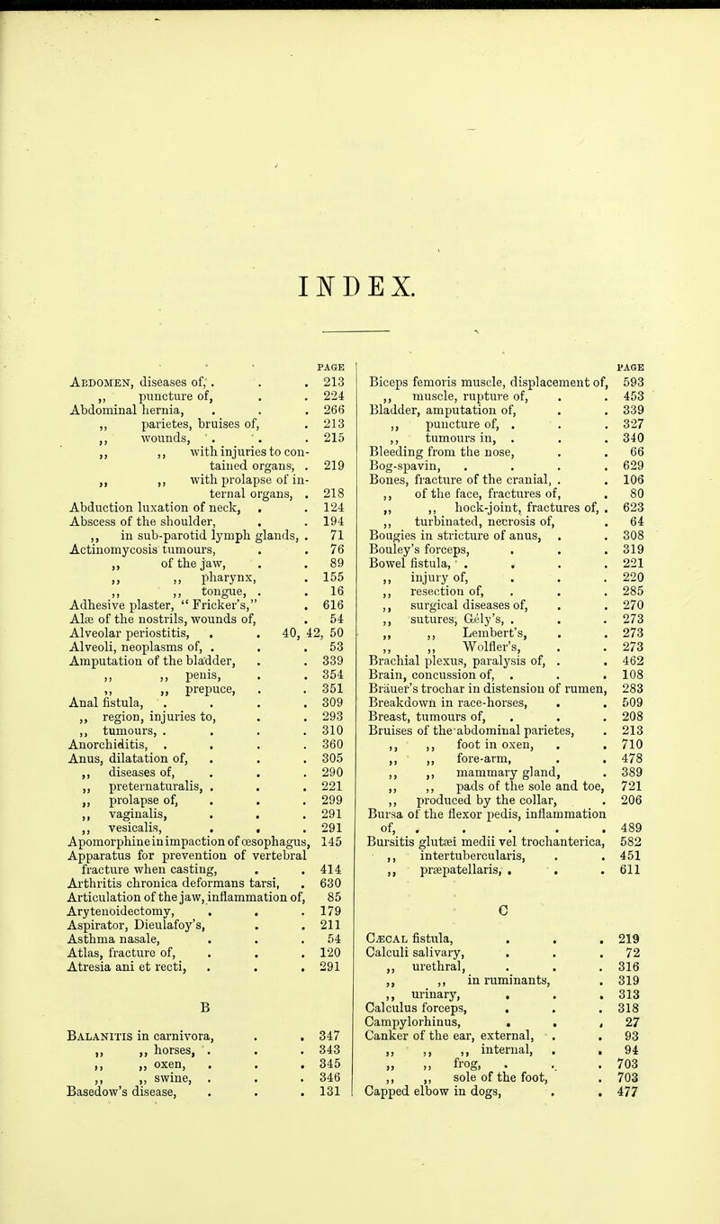 I K D E X. PAGE Abdomen, diseases of, . . . 213 ,, puncture of, . . 224 Abdominal hernia, , . . 266 ,, parietes, bruises of, .213 wounds, ■. ■ . . 215 „ ,, with injuries to con- tained organs, . 219 ,, with prolapse of in- ternal organs, . 218 Abduction luxation of neck, . . 124 Abscess of the shoulder, . . 194 ,, in sub-parotid lymph glands, . 71 Actinomycosis tumours, . . 76 ,, of the jaw, . . 89 ,, ,, pharynx, . 155 ,, ,, tongue, . . 16 Adhesive plaster, Fricker's, . 616 Alfe of the nostrils, wounds of, • 54 Alveolar periostitis, . . 40, 42, 50 Alveoli, neoplasms of, . . , 53 Amputation of the bladder, . . 339 ,, ,, peuis, , . 354 ,, ,, prepuce, . . 351 Anal fistula, . . . .309 ,, region, injuries to, . . 293 ,, tumours, .... 310 Anorchiditis, .... 360 Anus, dilatation of, . . . 305 ,, diseases of, . . .290 ,, preternaturalis, , . . 221 ,, prolapse of, . . . 299 ,, vaginalis, . . .291 ,, vesicalis, . . . 291 Apomorphine in impaction of oesophagus, 145 Apparatus for prevention of vertebral fracture when casting, , .414 Arthritis chronica deformans tarsi, . 630 Articulation of the jaw, inflammation of, 85 Arytenoidectomy, . . .179 Aspirator, Dieulafoy's, , .211 Asthma nasale, . . .54 Atlas, fracture of, . . , 120 Atresia ani et recti, . . .291 B Balanitis in carnivora, . . 347 ,, ,, horses, . . . 343 ,, ,, oxen, . . . 345 ,, ,, swine, . . . 346 Basedow's disease, . . . 131 PAGE Biceps femoris muscle, displacement of, 593 ,, muscle, rupture of, . . 453 Bladder, amputation of, . . 339 puncture of, , . . 327 ,, tumours in, . . . 340 Bleeding from the nose, . . 66 Bog-spavin, .... 629 Bones, fracture of the cranial, . . 106 ,, of the face, fractures of, , 80 ,, ,, hock-joint, fractures of, . 623 ,, turbinated, necrosis of, . 64 Bougies in stricture of anus, . . 308 Bouley's forceps, . . . 319 Bowel fistula, • . . . .221 ,, injury of, . . . 220 ,, resection of, . . . 285 ,, surgical diseases of, . , 270 ,, sutures, G.ely's, . . . 273 ,, ,, Lembert's, . . 273 Wolfler's, . . 273 Brachial plexus, paralysis of, . . 462 Brain, concussion of, . . . 108 Briiuef's trochar in distension of rumen, 283 Breakdown in race-horses, . , 509 Breast, tumours of, . . . 208 Bruises of the abdominal parietes, . 213 ,, ,, foot in oxen, . . 710 ,, ,, fore-arm, . , 478 ,, ,, mammary gland, . 389 ,, ,, pads of the sole and toe, 721 ,, produced by the collar, . 206 Bursa of the flexor pedis, inflammation of, . . . . . 489 Bursitis glutsei medii vel trochanterica, 582 ,, intertuberoularis, . . 451 ,, prcepatellaris, , . .611 C C^CAL fistula, . . . 219 Calculi salivary, . . .72 ,, urethral, . . . 316 ,, ,, in ruminants, . 319 ,, urinary, , . , 313 Calculus forceps, , . . 318 Campylorhinus, . . ,27 Canker of the ear, external, , .93 ,, ,, ,, internal, , , 94 „ ,, frog, . . . 703 ,, ,, sole of the foot, . 703 Capped elbow in dogs, , . 477
