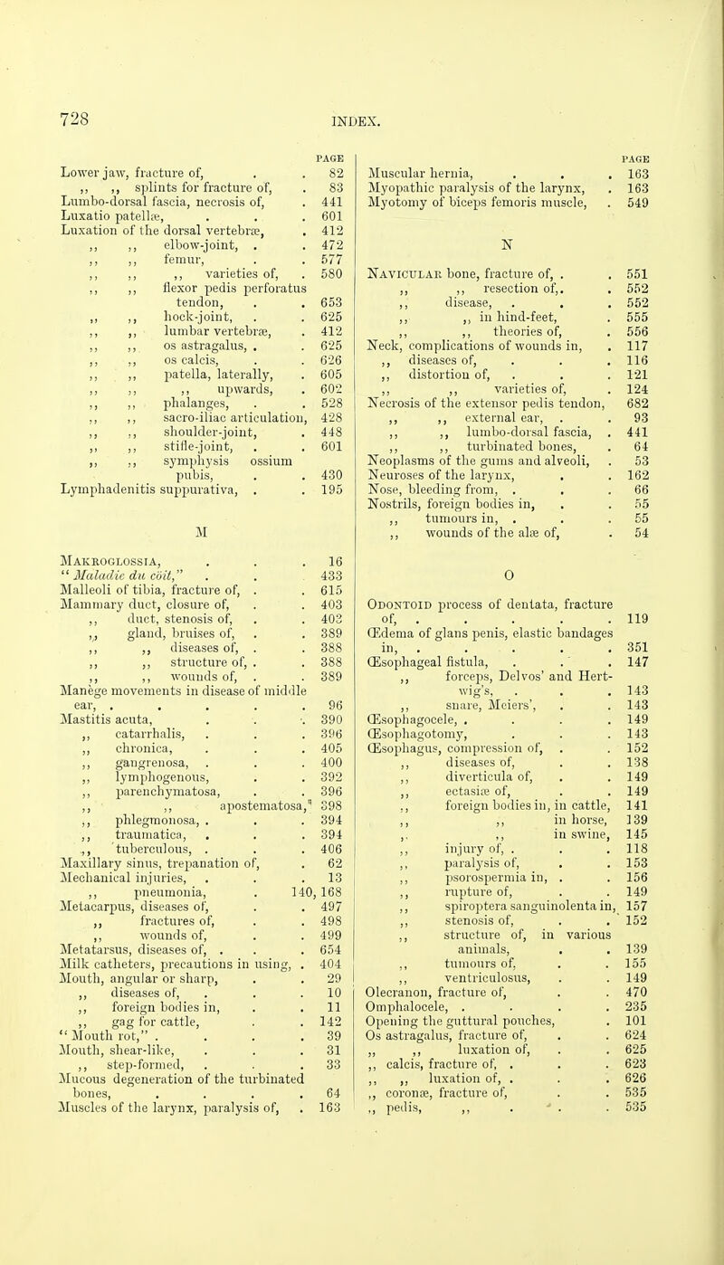 PAGE Lower jaw, fracture of, . . 82 ,, ,, splints for fracture of, . 83 Lumbo-dorsal fascia, necrosis of, . 441 Luxatio patellffi, . . . 601 Luxation of the dorsal vertebra?, . 412 ,, elbow-joint, . . 472 ,, ,, femur, . . 577 ,, ,, ,, varieties of, . 580 ,, ,, flexor pedis perforatus tendon, . . 653 ,, ,, hock-joint, . . 625 ,, ,, lumbar vertebrae, . 412 ,, ,, OS astragalus, . . 625 ,, ,, OS calcis, . . 626 ,, ,, patella, laterally, . 605 ,, ,, ,, upwards, . 602 ,, ,, . phalanges, . . 528 ,, ,, sacro-iliac articulation, 428 ,, ,, shoulder-joint, . 448 ,, ,, stifle-joint, . . 601 ,, ,, symphysis ossium pubis, . . 430 Lymphadenitis suppurativa, . . 195 M Makeoglossia, . . .16  Maladic du cbit . . 433 Malleoli of tibia, fracture of, . . 615 Mammary duct, closure of, . . 403 ,, duct, stenosis of, . . 403 gland, bruises of, . . 389 ,, diseases of, . . 388 ,, structure of, . . 388 ,, ,, wounds of, . . 389 Manege movements in disease of middle ear, , . , . .96 Mastitis acuta, . . ■. 390 ,, catarrhalis, . . . 396 ,, chronica, . . . 405 ,, gangrenosa, . . . 400 ,, lymphogenous, . . 392 ,, parenchymatosa, . . 396 ,, ,, apostematosa,'' 398 j, phlegmonosa, . , . 394 ,, traumatica, . . . 394 .,, tuberculous, . . . 406 Maxillary sinus, trepanation of, . 62 Mechanical injuries, . . .13 ,, pneumonia, . 140, 168 Metacarpus, diseases of, . . 497 ,, fractures of, . . 498 ,, wounds of, . . 499 Metatarsus, diseases of, . . . 654 Milk catheters, precautious in using, , 404 Mouth, angular or sharp, . . 29 ,, diseases of, . . .10 ,, foreign bodies in, . . 11 ,, gag for cattle, . . 142  Mouth rot, . . . .39 Mouth, shear-like, . . .31 ,, step-formed, . . .33 Mucous degeneration of the turbinated bones, . . . .64 Muscles of the larynx, paralysis of, . 163 PAGE Muscular hernia, . . . 163 Myopathic paralysis of the larynx, . 163 Myotomy of biceps femoris muscle, . 549 N Naviculae bone, fracture of, . . 551 ,, ,, resection of,. , 552 ,, disease, . . . 552 ,, ,, in hind-feet, . 555 ,, ,, theories of, . 556 Neck, complications of wounds in, . 117 ,, diseases of, . . ,116 ,, distortion of, . . . 121 ,, ,, varieties of, . 124 Necrosis of the extensor pedis tendon, 682 ,, ,, external ear, . . 93 ,, ,, lumbo-dorsal fascia, . 441 ,, ,, turbinated bones, . 64 Neoplasms of the gums and alveoli, . 53 Neuroses of the larynx, , . 162 Nose, bleeding from, . . .66 Nostrils, foreign bodies in, . . 55 ,, tumours in, . . .55 ,, wounds of the ala2 of, . 54 0 Odontoid process of dentata, fracture of, . . . . . 119 CEdema of glans penis, elastic bandages in, , . . , . 351 QSsophageal fistula, . .' , 147 ,, forceps, Delvos' and Hert- wig's, . . .143 ,, snare, Meiers', . . 143 ffisophagocele, .... 149 (Esophagotomy, . . .143 OEsophagus, compression of, . . 152 ,, diseases of, . . 138 ,, diverticula of, . .149 ,, ectasiie of, . . 149 ,, foreign bodies in, in cattle, 141 ,, ,, in horse, 139 ,, in swine, 145 ,, injury of, . . . 118 ,, paralysis of, . .153 ,, psorospermia in, . . 156 ,, rupture of, . .149 ,, spiroptera sanguinolenta in, 157 ,, stenosis of, . . 152 ,, structure of, in various animals, . . 139 tumours of, . .155 ,, ventriculosus, . . 149 Olecranon, fracture of, . . 470 Omphalocele, .... 235 Opening the guttural pouches, . 101 Os astragalus, fracture of, . . 624 ,, ,, luxation of, . . 625 ,, calcis, fracture of, . . . 623 ,, ,, luxation of, . . . 626 ,, coronte, fracture of, . . 535 ,, pedis, ,, . . . 535