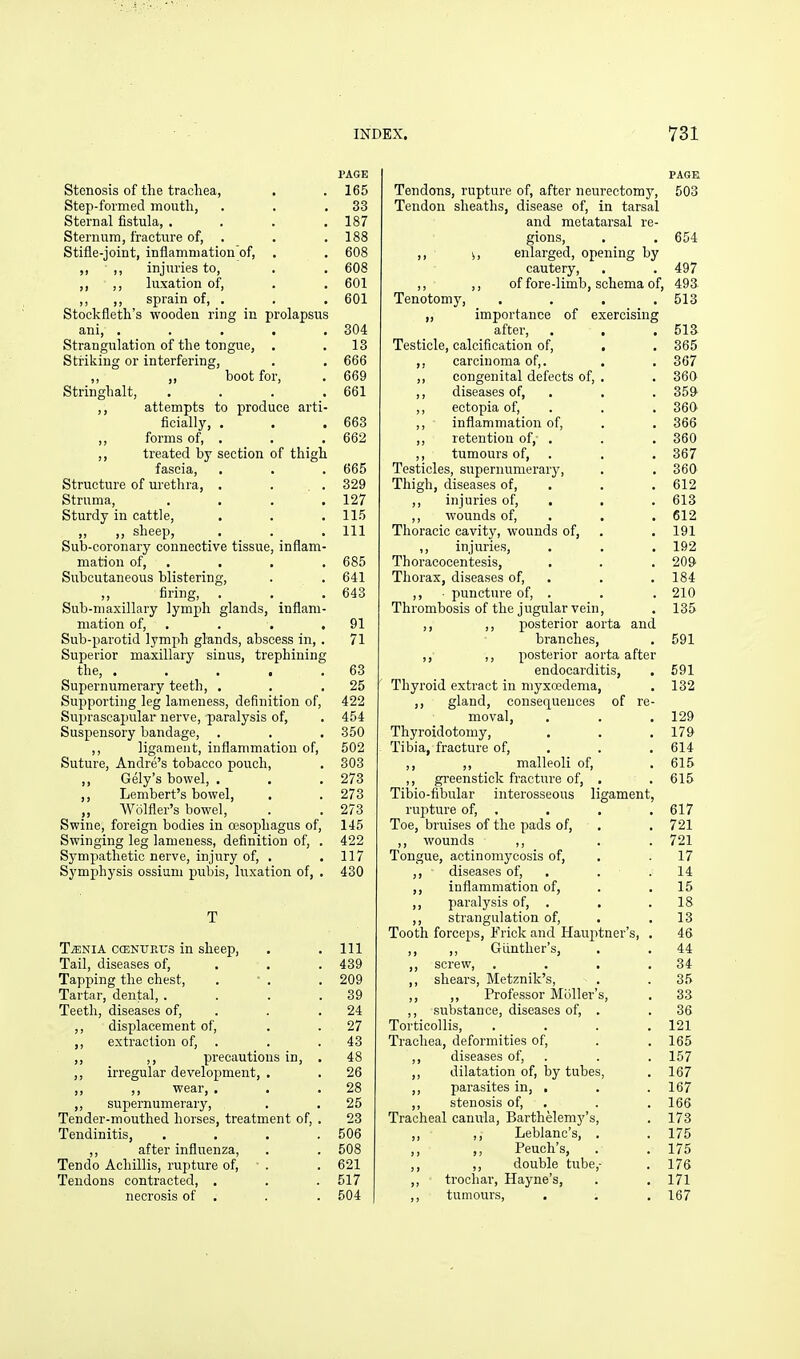 Stenosis of the trachea, Step-formed mouth, Sternal fistula, . Sternum, fracture of, Stifle-joint, inflammation of, ,,  ,, injuries to, ,, luxation of, ,, ,, sprain of, . Stockfleth's wooden ring in prolapsus ani, . Strangulation of the tongue, Striking or interfering, ,, ,, boot for Stringhalt, ,, attempts to produce arti- ficially, . ,, forms of, . ,, treated by section of thigh fascia. Structure of urethra, . Struma, Sturdy in cattle, ,, ,, sheep. Sub-coronary connective tissue, inflam- mation of, Subcutaneous blistering, ,, firing, . Sub-ni axillary lymph glands, inflam- mation of, .... Sub-parotid lymph glands, abscess in, . Superior maxillary sinus, trephining the, ..... Supernumei'ary teeth, . Supporting leg lameness, definition of, Sujirascapular nerve, paralysis of, Suspensory bandage, ,, ligament, inflammation of. Suture, Andre's tobacco pouch, ,, Gely's bowel, . Lembert's bowel, Wblfler's bowel. Swine, foreign bodies in oesophagus of, Swinging leg lameness, definition of, . Sympathetic nerve, injury of, , Symphysis ossiam pubis, luxation of, . TiENiA CCENUEUS in sheep. Tail, diseases of. Tapping the chest, .  . Tartar, dental, . Teeth, diseases of, ,, displacement of, extraction of, ,, ,, precautions in, ,, irregular development, . ,, ,, wear, . ,, supernumerary. Tender-mouthed horses, treatment of, Tendinitis, ,, after influenza, Ten do Achillis, rupture of, ■ . Tendons contracted, . necrosis of . PAGE 165 33 187 188 608 608 601 601 304 13 666 669 661 663 662 665 329 127 115 111 685 641 643 91 71 63 25 422 454 350 502 303 273 273 273 145 422 117 430 111 489 209 39 24 27 43 48 26 28 25 23 506 508 621 517 504 Tendons, rupture of, after neurectomy, Tendon sheaths, disease of, in tarsal and metatarsal re- gions, ,, i, enlarged, opening by cautery, ,, ,, of fore-limb, schema of. Tenotomy, .... ,, importance of exercising after, . . Testicle, calcification of, . ,, carcinoma of,. ,, congenital defects of, . ,, diseases of, . ,, ectopia of, . ,, infiamniation of, ,, retention of,- . ,, tumours of, . Testicles, supernumerary. Thigh, diseases of, . ,, injuries of, . ,, wounds of, . Thoracic cavity, wounds of, ,, injuries. Thoracocentesis, Thorax, diseases of, . ,, ■ puncture of, . Thrombosis of the jugular vein, ,, ,, posterior aorta and branches, ,, ,, posterior aorta after endocarditis, Thyroid extract in niyxoedema, ,, gland, consequences of re- moval, Thyroidotomy, Tibia, fracture of, ,, ,, malleoli of, ,, greenstick fracture of, Tibio-ilbular interosseous ligament, rupture of, , Toe, bruises of the pads of, ,, wounds ,, Tongue, actinomycosis of, ,, diseases of, ,, inflammation of, ,, paralysis of, . ,, strangulation of, Tooth forceps, Frick and Haujitner's, ,, ,, Giinther's, ,, screw, . ,, shears, Metznik's, ,, ,, Professor Miiller ,, substance, diseases of. Torticollis, Trachea, deformities of, ,, diseases of, ,, dilatation of, by tubes ,, parasites in, , ,, stenosis of. Tracheal canula, Barthelemy's ,, ,, Leblanc's, ,, ,, Peuch's, ,, ,, double tube ,, trochar, Hayne's, ,, tumours, PAGE 503 654 497 493 513 513 365 367 360 359- 360 366 360 367 360 612 613 612 191 192 209 184 210 135 591 591 132 129 179 614 615 615 617 721 721 17 14 15 18 13 46 44 34 35 33 36 121 165 157 167 167 166 173 175 175 176 171 167
