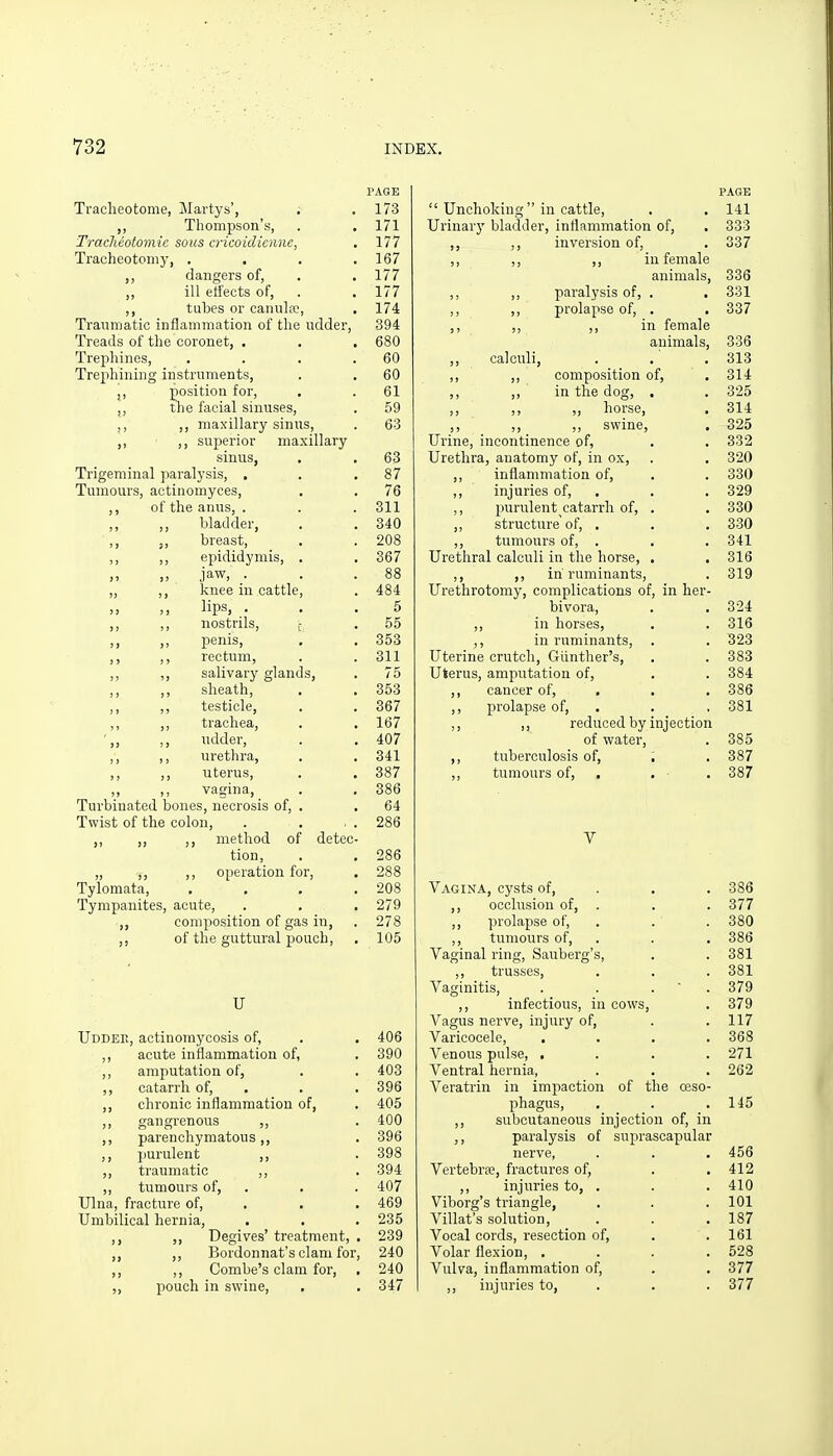PAGE Traclieotonie, Martys', . .173 ,, Thompson's, . . 171 Tracheotomie sous cricoidienne, . 177 Tracheotomy, . . . .167 ,, dangers of, . . 177 ill eifects of, . .177 ,, tubes or canula?, . 174 Traumatic inflammation of the udder, 394 Treads of the coronet, . , . 680 Trephines, . . . .60 Trephining instruments, . . 60 position for, . . 61 the facial sinuses, . 59 ,, ,, maxillary sinus, . 63 ,, ,, superior maxillary sinus, , . 63 Trigeminal paralysis, . . .87 Tumours, actinomyces, . . 76 ,, of the anus, . . . 311 ,, bladder, . . 340 ,, breast, . . 208 ,, ,, epididymis, , , 367 ,, ,, jaw, . . .88 ,, ,, knee in cattle, . 484 lips, ... 5 ,, ,, nostrils, t .55 ,, ,, penis, . . 353 ,, ,, rectum, . . 311 ,, ,, salivary glands, . 75 ,, ,, sheath, . . 353 ,, ,, testicle, . . 367 ,, trachea, . . 167 ',, ,, udder, . . 407 ,, ,, urethra, . . 341 ,, ,, uterus, . . 387 ,, ,, vagina, . . 386 Turbinated bones, necrosis of, . . 64 Twist of the colon, . . . . 286 ,, ,, ,, method of detec- tion, . . 286 „ ,, ,, operation for, . 288 Tylomata, . , . .208 Tympanites, acute, . , . 279 ,, composition of gas in, . 278 ,, of the guttural pouch, . 105 U Udder, actinomycosis of, . . 406 ,, acute inflammation of, . 390 ,, amputation of, . . 403 ,, catarrh of, . . . 396 ,, chronic inflammation of, . 405 ,, gangrenous ,, . 400 ,, parenchymatous,, . 396 ,, jiurulent ,, . 398 ,, traumatic ,, . 394 ,, tumours of, . . . 407 Ulna, fracture of, . . . 469 Umbilical hernia, . . .235 ,, Degives' treatment, . 239 ,, ,, Bordonnat's clam for, 240 ,, ,, Combe's clam for, , 240 ,, pouch in swine, , . 347 PAGE  Unchoking in cattle, . . 141 Urinary bladder, inflammation of, . 333 ,, ,, inversion of, .337 ,, ,, ,, in female animals, 336 ,, ,, paralysis of, . . 331 ,, ,, prolapse of, . . 337 ,, ,, ,, in female animals, 336 ,, calculi, . . . 313 ,, ,, composition of, .314 ,, ,, in the dog, , . 325 ,, ,, ,, horse, . 314 ,, ,, ,, swine, . 325 Urine, incontinence of, . . 332 Urethra, anatomy of, in ox, . . 320 ,, inflanmiation of, . . 330 ,, injuries of, . . . 329 ,, purulent catarrh of, . . 330 ,, structure'of, . . . 330 ,, tumours of, . . .341 Urethral calculi in the horse, . . 316 ,, ,, in'ruminants, . 319 Urethrotomy, complications of, in her- bivora, . .324 ,, in horses, . .316 ,, in ruminants, . . 323 Uterine crutch, Giinther's, . . 383 Uterus, amputation of, . . 384 ,, cancer of, , . . 386 ,, prolapse of, . . . 381 ,, ,, reduced by injection of water, . 385 ,, tuberculosis of, , . 387 ,, tumours of, , . . 387 V Vagina, cysts of, . . . 386 ,, occlusion of, . . . 377 ,, prolapse of, . . . 380 ,, tumours of, . . . 386 Vaginal ring, Sauberg's, . . 381 ,, trusses, . . . 381 Vaginitis, . . .  . 379 ,, infectious, in cows, . 379 Vagus nerve, injury of, . .117 Varicocele, .... 368 Venous pulse, .... 271 Ventral hernia, . . . 262 Veratrin in impaction of the oeso- phagus, . . .145 ,, subcutaneous injection of, in ,, paralysis of suprascapular nerve, . . . 456 Vertebra?, fractures of, . . 412 ,, injuries to, . . .410 Viborg's triangle, . . .101 Villat's solution, . . .187 Vocal cords, resection of, . . 161 Volar flexion, . . . .528 Vulva, inflammation of, . . 377 ,, injuries to, . . . 377