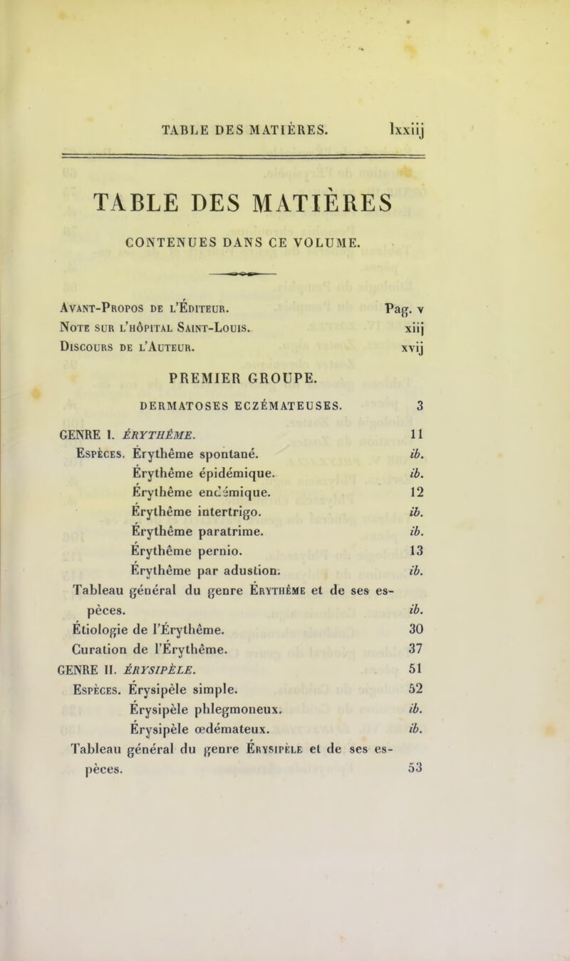 TABLE DES MATIÈRES CONTENUES DANS CE VOLUME. r Avant-Propos de l'Editeur. Pag. v Note sur l'hôpital Saint-Louis. xiij Discours de l'Auteur. xvij PREMIER GROUPE. DERMATOSES ECZÉMATEUSES. 3 GENRE I. ÊRYTHÊME. 11 Espèces. Erythême spontané. ib. Erythême épidémique. ib. Erythême encimique. 12 Erythême intertrigo. ib. Érythême paratrime. ib. Erythême pernio. 13 Érythême par adustion. ib. Tableau général du genre Erythême et de ses es- pèces, ib. Étiologie de l'Érythême. 30 Curation de l'Erythême. 37 GENRE II. ÉRYSIPÈLE. 51 Espèces. Erysipèle simple. 52 Érysipèle phlegmoneux. ib. Érysipèle œdémateux. ib. Tableau général du genre Erysipèle el de ses es- pèces. 53