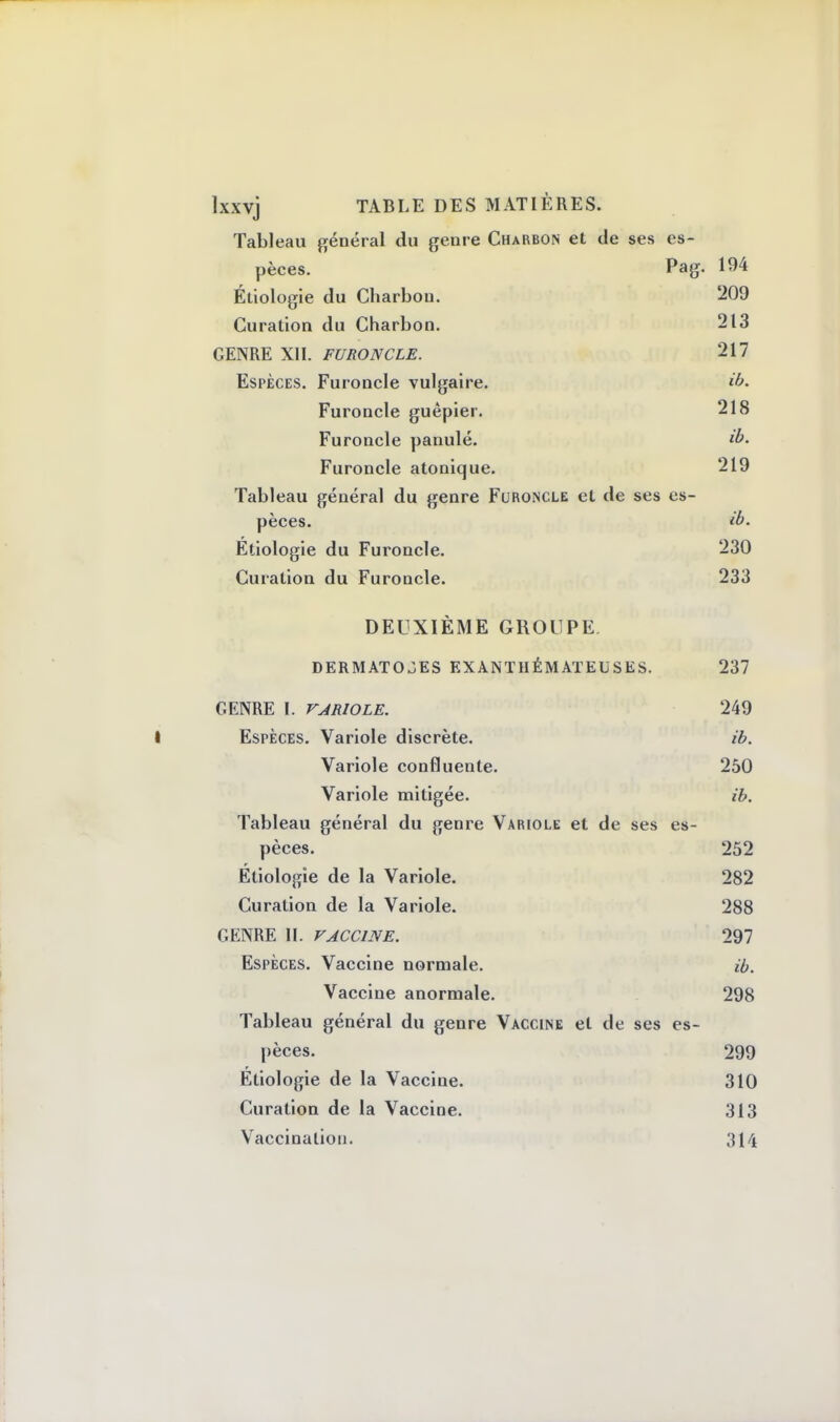 Tableau général du genre Charbon et de ses es- pèces. Pag. 194 Éliologie du Charbon. 209 Curation du Charbon. 213 GENRE XII. FURONCLE. 217 Espèces. Furoncle vulgaire. ib. Furoncle guêpier. 218 Furoncle panulé. Furoncle atonique. 219 Tableau général du genre Furoncle et de ses es- pèces, ib. Etiologie du Furoncle. 230 Curation du Furoncle. 233 DEUXIÈME GROUPE DERMATOJES EXANTHÉMATEUSES. 237 GENRE I. VARIOLE. 249 Espèces. Variole discrète. ib. Variole confluenle. 250 Variole mitigée. ib. Tableau général du genre Variole et de ses es- pèces. 252 Éliologie de la Variole. 282 Curation de la Variole. 288 GENRE II. VACCINE. 297 Espèces. Vaccine normale. ib. Vaccine anormale. 298 Tableau général du genre Vaccine et de ses es- pèces. 299 Etiologie de la Vaccine. 310 Curation de la Vaccine. 313 Vaccination. 314
