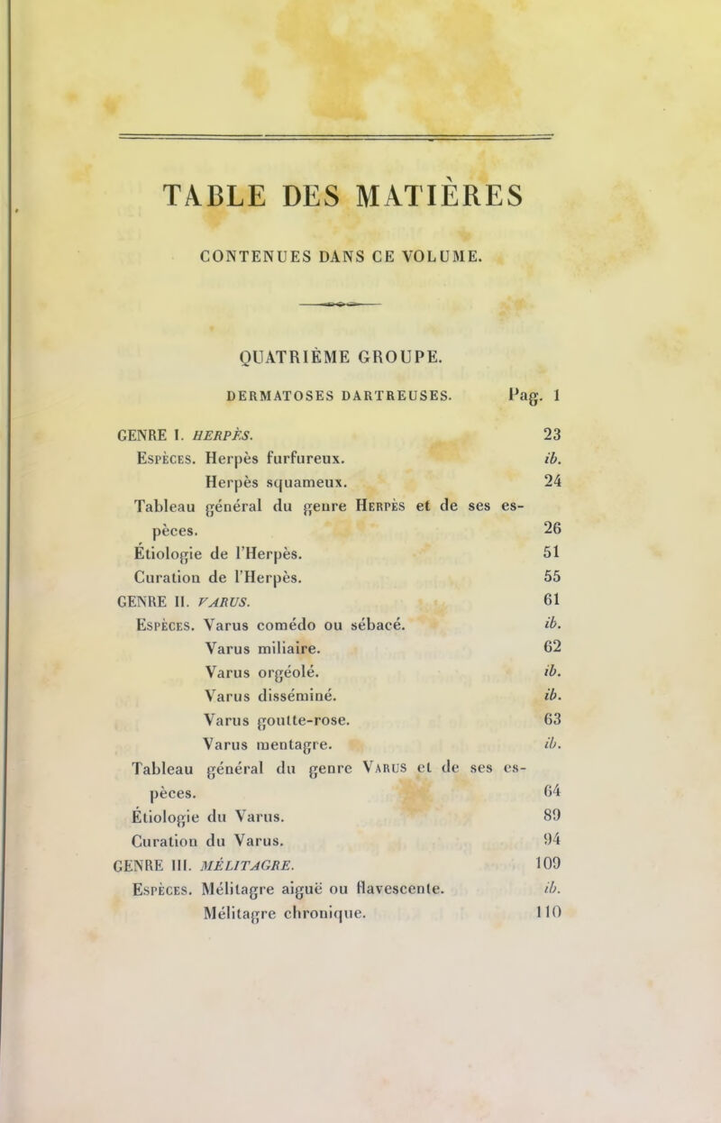 TABLE DES MATIÈRES CONTENUES DANS CE VOLUME. QUATRIÈME GROUPE. DERMATOSES DARTREUSES. Pag. 1 GENRE I. HERPÈS. 23 Espèces. Herpès furfureux. ib. Herpès squameux. 24 Tableau général du genre Herpès et de ses es- pèces. 26 Étiologie de l'Herpès. 51 Curation de l'Herpès. 55 GENRE IL VARUS. 61 Espèces. Varus comédo ou sébacé. ib. Varus millaire. 62 Varus orgéolé. ib. Varus disséminé. ib. Varus goulte-rose. 63 Varus menta{][re. ib. Tableau général du genre Varus et de ses es- pèces. 64 Étiologie du Varus. 89 Curation du Varus. 94 GENRE IIL MÉLITAGRE. 109 Espèces. Mélitagre aiguë ou Havescenle. ib. Mélitagre chronique. 110
