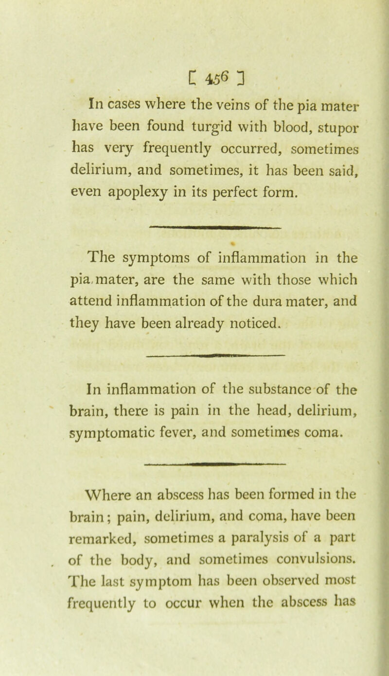 In cases where the veins of the pia mater have been found turgid with blood, stupor has very frequently occurred, sometimes delirium, and sometimes, it has been said, even apoplexy in its perfect form. The symptoms of inflammation in the pia, mater, are the same with those which attend inflammation of the dura mater, and they have been already noticed. In inflammation of the substance of the brain, there is pain in the head, delirium, symptomatic fever, and sometimes coma. Where an abscess has been formed in the brain; pain, delirium, and coma, have been remarked, sometimes a paralysis of a part of the body, and sometimes convulsions. The last symptom has been observed most frequently to occur when the abscess has