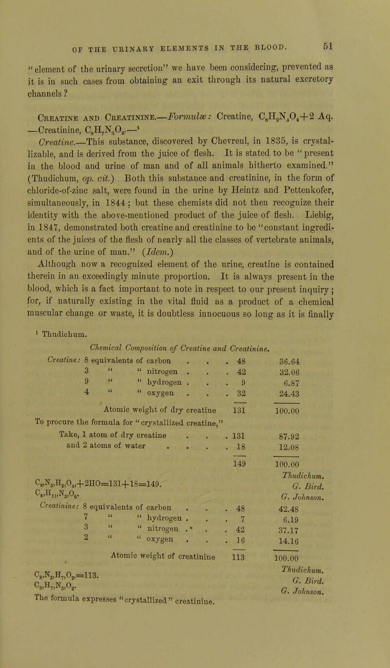 “ element of the urinary secretion” we have been considering, prevented as it is in such cases from obtaining an exit through its natural excretory channels ? Creatine and Creatinine.—Formulae: Creatine, C3HgN304+2 Aq. —Creatinine, C8H7N302.—1 Creatine.—This substance, discovered by Chevreul, in 1835, is crystal- lizable, and is derived from the juice of flesh. It is stated to be “ present in the blood and urine of man and of all animals hitherto examined.” (Thudichum, op. cit.) Both this substance and creatinine, in the form of chloride-of-ziuc salt, were found in the urine by Heintz and Pettenkofer, simultaneously, in 1844 ; but these chemists did not then recognize their identity with the above-mentioned product of the juice of flesh. Liebig, in 1847, demonstrated both creatine and creatinine to be “constant ingredi- ents of the juices of the flesh of nearly all the classes of vertebrate auimals, and of the urine of man.” {Idem.) Although now a recognized element of the urine, creatine is contained therein in an exceedingly minute proportion. It is always present in the blood, which is a fact important to note in respect to our present inquiry ; for, if naturally existing in the vital fluid as a product of a chemical muscular change or waste, it is doubtless innocuous so long as it is finally 1 Thudichum. Chemical Composition of Creatine and Creatinine. Creatine: 8 equivalents of carbon 48 36.64 3 “ “ nitrogen . 42 32.06 9 “ « hydrogen . 9 6.87 4 “ “ oxygen 32 24.43 Atomic weight of dry creatine 131 100.00 To procure the formula for “crystallized creatine,” Take, 1 atom of dry creatine 131 87.92 and 2 atoms of water .... 18 12.08 149 100.00 CWN3,H9,04,+2H0=131+18=149. Thudichum. G. Bird. CfidLpNjjOg. G. Johnson. Creatinine: 8 equivalents of carbon 48 42.48 7 “ “ hydrogen . 7 6.19 3 “ “ nitrogen . • . 42 37.17 2 “ “ oxygen 16 14.16 Atomic weight of creatinine 113 100.00 —113. Thudichum. G. Bird. G. Johnson. The formula expresses “crystallized” creatinine.