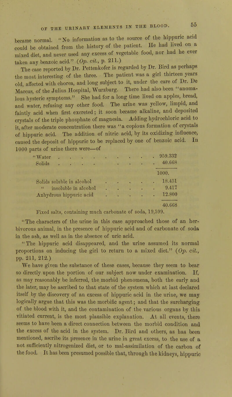 became normal. “No information as to the source of the hippuric acid could be obtained from the history of the patient. He had lived on a mixed diet, and never used any excess of vegetable food, nor had he ever taken any benzoic acid.” (Op. cit., p. 211.) The case reported by Dr. Petteukofer is regarded by Dr. Bird as perhaps the most interesting of the three. The patient was a girl thirteen years old, affected with chorea, and long subject to it, under the care of Dr. De Marcus, of the Julius Hospital, Wurzburg. There had also been “anoma- lous hysteric symptoms.” She had for a long time lived on apples, bread, and water, refusing any other food. The urine was yellow, limpid, and faintly acid when first excreted; it soon became alkaline, and deposited crystals of the triple phosphate of magnesia. Adding hydrochloric acid to it, after moderate concentration there was “a copious formation of crystals of hippuric acid. The addition of nitric acid, by its oxidizing influence, caused the deposit of hippuric to be replaced by one of benzoic acid. In 1000 parts of urine there were—of “ Water ......... 959.332 Solids .... .... 40.668 1000. Solids soluble in alcohol “ insoluble in alcohol Anhydrous hippuric acid 18.451 9.417 12.800 40.668 Fixed salts, containing much carbonate of soda, 19,599. “The characters of the urine in this case approached those of an her- bivorous animal, in the presence of hippuric acid and of carbonate of soda in the ash, as well as in the absence of uric acid. “ The hippuric acid disappeared, and the urine assumed its normal proportions on inducing the girl to return to a mixed diet.” (Op. cit., pp. 211, 212.) We have given the substance of these cases, because they seem to bear so directly upon the portion of our subject now under examination. If, as may reasonably be inferred, the morbid phenomena, both the early and the later, may be ascribed to that state of the system which at last declared itself by the discovery of an excess of hippuric acid in the urine, we may logically argue that this was the morbific agent; and that the surcharging of the blood with it, and the contamination of the various organs by this vitiated current, is the most plausible explanation. At all events, there seems to have been a direct connection between the morbid condition and the excess of the acid in the system. Dr. Bird and others, as has been mentioned, ascribe its presence in the urine in great excess, to the use of a not sufficiently nitrogenized diet, or to mal-assimilation of the carbon of the food. It has been presumed possible that, through the kidneys, hippuric