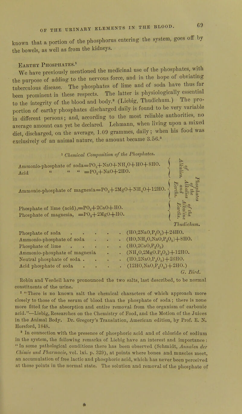 known that a portion of the phosphorus entering the system, goes off by the bowels, as well as from the kidneys. Earthy Phosphates.1 We have previously mentioned the medicinal use of the phosphates, with the purpose of adding to the nervous force, and in the hope of obviating tuberculous disease. The phosphates of lime and of soda have thus far been prominent in these respects. The latter is physiologically essential to the integrity of the blood and body.3 (Liebig, Thudichum.) The pro- portion of earthy phosphates discharged daily is found to be very variable in different persons; and, according to the most reliable authorities, no average amount can yet be declared. Lehmann, when living upon a mixed diet, discharged, on the average, 1.09 grammes, daily; when his food was exclusively of an animal nature, the amount became 3.5b.' 1 Chemical Composition of the Phosphates. Ammonio-phosphate of soda=P05-|-Na0-}-NH40-|-H0-l-8HO. j Acid “ “ “ =POfi+NaO+2HO. j Ammonio-phospliate of magnesia=P03+2Mg04-NH40-|-12H0. j Phosphate of lime (acid),=P05-|-2Ca0-}-H0. Phosphate of magnesia, =POfi+2MgO-j-HO. ) -s s a o S. a. 5. s- s- « ra l to . »>■ 1*3 c~-o -s a Thudichum. Phosphate of soda Ammonio-phosphate of soda Phosphate of lime Ammonio-phosphate of magnesia Neutral phosphate of soda . Acid phosphate of soda (IIO,2NaO,P205)d-24HO. (H0,NH40,Na0,P203)+8H0. (H0,2Ca0,P205) (NH40,2Mg0.P203)-fl2H0. (H0,2Na0,P20.)4-26H0. (12H0,Na0,P206)-(-2H0.) G. Bird. Robin and Verdeil have pronounced the two salts, last described, to be normal constituents of the urine. 2 “ There is no known salt the chemical characters of which approach more closely to those of the serum of blood than the phosphate of soda; there is none more fitted for the absorption and entire removal from the organism of carbonic acid.”—Liebig, Researches on the Chemistry of Food, and the Motion of the Juices in the Animal Body. Dr. Gregory’s Translation, American edition, by Prof. E. N. Horsford, 1848. 3 In connection with the presence of phosphoric acid and of chloride of sodium in the system, the following remarks of Liebig have an interest and importance: “ In some pathological conditions there has been observed (Schmidt, Annalen der Chimie unci Pliarmacie, vol. lxi. p. 329), at points where bones and muscles meet, an accumulation of free lactic and phosphoric acid, which has never been perceived at those points in the normal state. The solution and removal of the phosphate of *