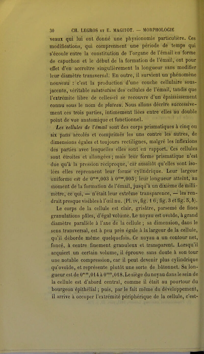 veaux qui lui ont donné une physionomie particulière. Ces modifications, qui comprennent une période de temps qui s'écoule entre la constitution de l'organe de l'émail en forme de capuchon et le début de la formation de l'émail, ont pour effet d'en accroître singulièrement la longueur sans modifier leur diamètre transversal. En outre, il survient un phénomène nouveau : c'est la production d'une couche cellulaire sous- jacente, véritable substratum des cellules de l'émail, tandis que l'extrémité libre de celles-ci se recouvre d'un épaississement connu sous le nom de plateau. Nous allons décrire successive- ment ces trois parties, intimement liées entre elles au double point de vue anatomique et fonctionnel. Les cellules de Vémail sont des corps prismatiques à cinq ou six pans accolés et comprimés les uns contre les autres, de dimensions égales et toujours rectilignes, malgré les inflexions des parties avec lesquelles elles sont en rapport. Ces cellules sont étroites et allongées; mais leur forme prismatique n'est due qu'à la pression réciproque, car aussitôt qu'elles sont iso- lées elles reprennent leur forme cylindrique. Leur largeur uniforme est de 0inin,003 à 0mm,005; leur longueur atteint, au moment de la formation de l'émail, jusqu'à un dixième de milli- mètre, ce qui, — n'était leur extrême transparence, — les ren- drait presque visibles à l'œil nu. (Pl. iv,fig. 1 6; fig. 3 etfig. 5,6). Le corps de la cellule est clair, grisâtre, parsemé de fines granulations pâles, d'égal volume. Le noyau est ovoïde, à grand diamètre parallèle à l'axe de la cellule ; sa dimension, dans le sens transversal, est à peu près égale à la largeur de la cellule, qu'il déborde même quelquefois. Ce noyau a un contour net, foncé, à centre finement granuleux et transparent. Lorsqu'il acquiert un certain volume, il éprouve sans doute à son tour une notable compression, car il peut devenir plus cylindrique qu'ovoïde, et représente plutôt une sorte de bâtonnet. Sa lon- gueur est de 0mm,014 à 0mm,018. Le siège du noyau dans le sein de la cellule est d'abord central, comme il était au pourtour du bourgeon épithélial ; puis, par le fait même du développement, il arrive à occuper l'extrémité périphérique de la cellule, c'est-