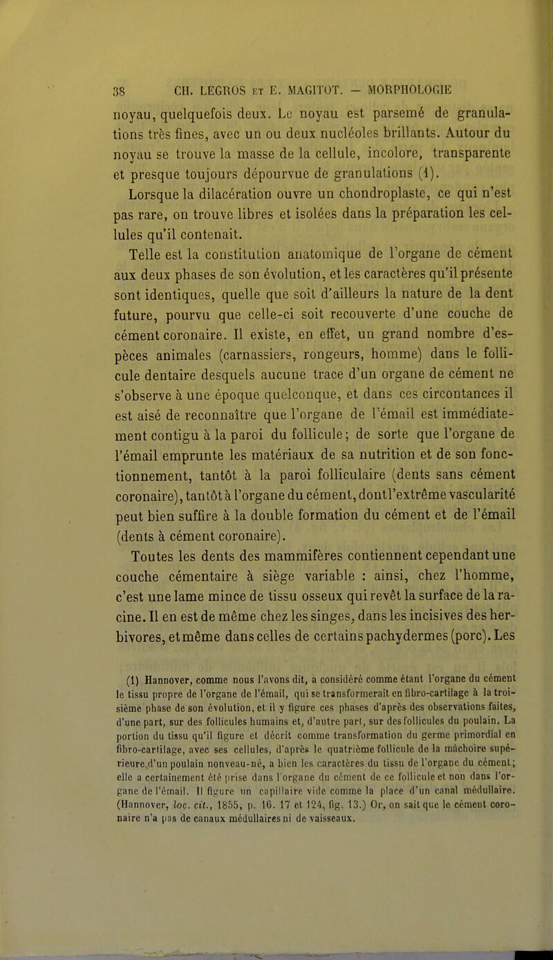 noyau, quelquefois deux. Le noyau est parsemé de granula- tions très fines, avec un ou deux nucléoles brillants. Autour du noyau se trouve la masse de la cellule, incolore, transparente et presque toujours dépourvue de granulations (i). Lorsque la dilacération ouvre un chondroplaste, ce qui n'est pas rare, on trouve libres et isolées dans la préparation les cel- lules qu'il contenait. Telle est la constitution anatomique de l'organe de cément aux deux phases de son évolution, et les caractères qu'il présente sont identiques, quelle que soit d'ailleurs la nature de la dent future, pourvu que celle-ci soit recouverte d'une couche de cément coronaire. Il existe, en effet, un grand nombre d'es- pèces animales (carnassiers, rongeurs, homme) dans le folli- cule dentaire desquels aucune trace d'un organe de cément ne s'observe à une époque quelconque, et dans ces circontances il est aisé de reconnaître que l'organe de l'émail est immédiate- ment contigu à la paroi du follicule; de sorte que l'organe de l'émail emprunte les matériaux de sa nutrition et de son fonc- tionnement, tantôt à la paroi folliculaire (dents sans cément coronaire), tantôt à l'organe du cément, dontl'extrême vascularité peut bien suffire à la double formation du cément et de l'émail (dents à cément coronaire). Toutes les dents des mammifères contiennent cependant une couche cémentaire à siège variable : ainsi, chez l'homme, c'est une lame mince de tissu osseux qui revêt la surface de la ra- cine. Il en est de même chez les singes, dans les incisives des her- bivores, et même dans celles de certains pachydermes (porc). Les (1) Hannover, comme nous l'avons dit, a considéré comme étant l'organe du cément le tissu propre de l'organe de l'émail, qui se transformerait en fibro-cartilage à la troi- sième phase de son évolution, et il y figure ces phases d'après des observations faites, d'une part, sur des follicules humains et, d'autre pari, sur des follicules du poulain. La portion du tissu qu'il figure et décrit comme transformation du germe primordial en fibro-cartilage, avec ses cellules, d'après le quatrième follicule de la mâchoire supé- rieure d'un poulain nonveau-né, a bien les caractères du tissu de l'organe du cément; elle a certainement été prise dans l'organe du cément de ce follicule et non dans l'or- gane de l'émail. Il figure un capillaire vide comme la place d'un canal médullaire. (Hannover, loc. cit., 1855, p. 16. 17 et 124, fig. 13.) Or, on sait que le cément coro- naire n'a pas de canaux médullaires ni de vaisseaux.