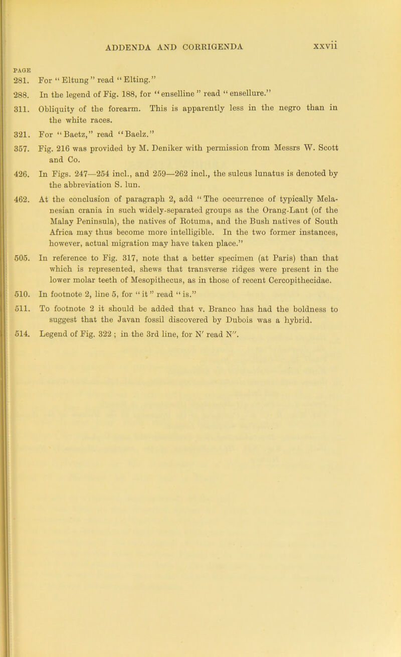 PAGE 281. For “ Eltung ” read “ Elting.” 288. In the legend of Fig. 188, for “ enselline ” read “ ensellure.” 311. Obliquity of the forearm. This is apparently less in the negro than in the white races. 321. For “Baetz,” read “Baelz.” 357. Fig. 216 was provided by M. Deniker with permission from Messrs W. Scott and Co. 426. In Figs. 247—254 inch, and 259—262 incl., the sulcus lunatus is denoted by the abbreviation S. lun. 462. At the conclusion of paragraph 2, add “ The occurrence of typically Mela- nesian crania in such widely-separated groups as the Orang-Lant (of the Malay Peninsula), the natives of Rotuma, and the Bush natives of South Africa may thus become more intelligible. In the two former instances, however, actual migration may have taken place.” 505. In reference to Fig. 317, note that a better specimen (at Paris) than that which is represented, shews that transverse ridges were present in the lower molar teeth of Mesopithecus, as in those of recent Cercopitheeidae. 510. In footnote 2, line 5, for “ it ” read “ is.” 511. To footnote 2 it should be added that v. Branco has had the boldness to suggest that the Javan fossil discovered by Dubois was a hybrid. Legend of Fig. 322 ; in the 3rd line, for N' read N. 514.