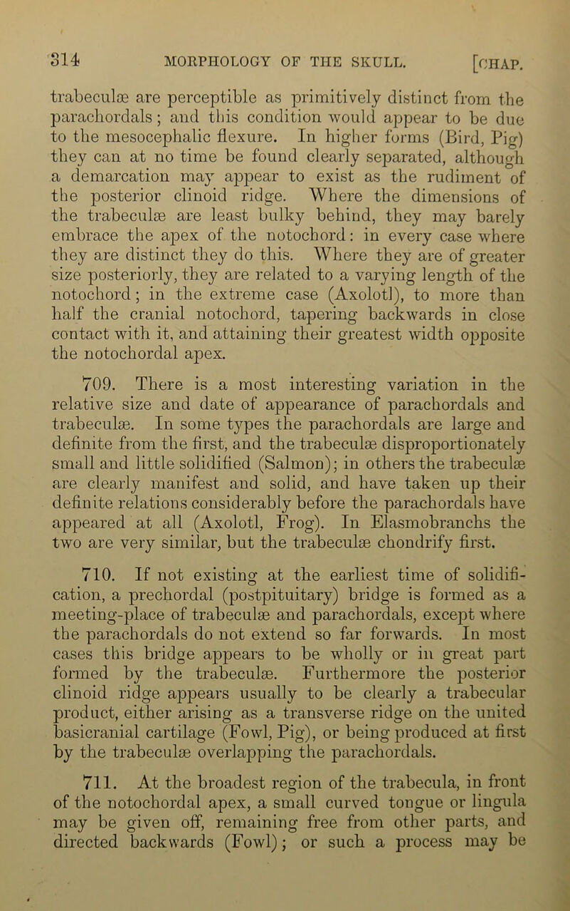 trabeculae are perceptible as primitively distinct from the parachordals; and this condition would appear to be due to the mesocephalic flexure. In higher forms (Bird, Pig) they can at no time be found clearly separated, although a demarcation may appear to exist as the rudiment of the posterior clinoid ridge. Where the dimensions of the trabeculae are least bulky behind, they may barely embrace the aj>ex of the notochord: in every case where they are distinct they do this. Where they are of greater size posteriorly, they are related to a varying length of the notochord; in the extreme case (Axolotl), to more than half the cranial notochord, tapering backwards in close contact with it, and attaining their greatest width opposite the notochordal apex. 709. There is a most interesting variation in the relative size and date of appearance of parachordals and trabeculae. In some types the parachordals are large and definite from the first, and the trabeculae disproportionately small and little solidified (Salmon); in others the trabeculae are clearly manifest and solid, and have taken up their definite relations considerably before the parachordals have appeared at all (Axolotl, Frog). In Elasmobranchs the two are very similar, but the trabeculae chondrify first. 710. If not existing at the earliest time of solidifi- cation, a prechordal (postpituitary) bridge is formed as a meeting-place of trabeculae and parachordals, except where the parachordals do not extend so far forwards. In most cases this bridge appears to be wholly or in great part formed by the trabeculae. Furthermore the posterior clinoid ridge appears usually to be clearly a trabecular product, either arising as a transverse ridge on the united basicranial cartilage (Fowl, Pig), or being produced at first by the trabeculae overlapping the parachordals. 711. At the broadest region of the trabecula, in front of the notochordal apex, a small curved tongue or lingula may be given off, remaining free from other parts, and directed backwards (Fowl); or such a process may be