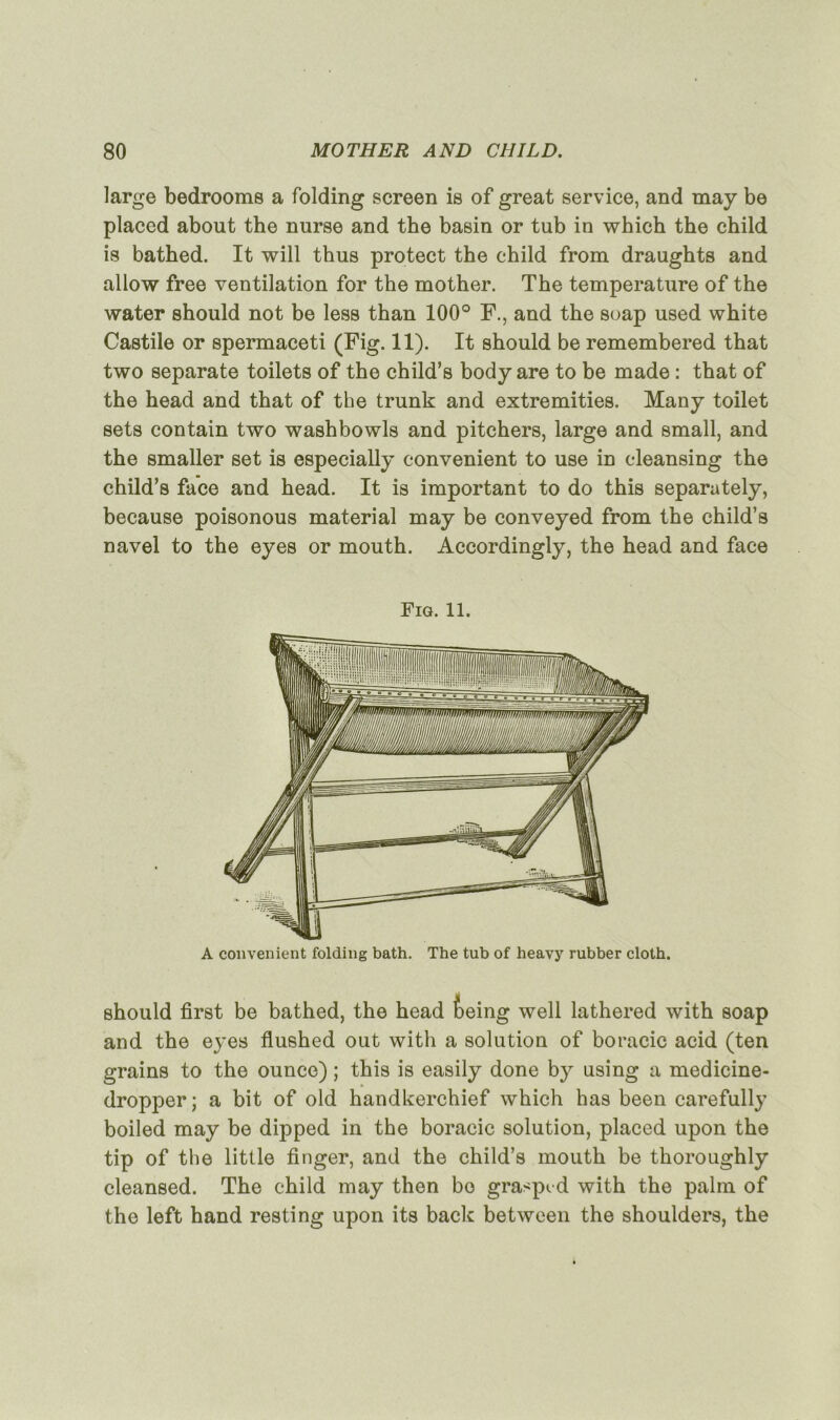 large bedrooms a folding screen is of great service, and may be placcd about the nurse and the basin or tub in which the child is bathed. It will thus protect the child from draughts and allow free ventilation for the mother. The température of the water should not be less than 100° F., and the soap used white Castile or spermaceti (Fig. 11). It should be remembered that two separate toilets of the child’s body are to be made : that of the head and that of the trunk and extremities. Many toilet sets contain two washbowls and pitchers, large and small, and the smaller set is especially convenient to use in cleansing the child’s face and head. It is important to do this separately, because poisonous material may be conveyed from the child’s navel to the eyes or mouth. Accordingly, the head and face Fig. 11. A convenient folding bath. The tub of heavy rubber cloth. should first be bathed, the head Èeing well lathered with soap and the eyes flushed out with a solution of boracic acid (ten grains to the ounce) ; this is easily done by using a medicine- dropper; a bit of old handkerchief which has been carefull}’ boiled may be dipped in the boracic solution, placed upon the tip of the little finger, and the child’s mouth be thoroughly cleansed. The child may then be grasped with the palm of the left hand resting upon its back between the shoulders, the