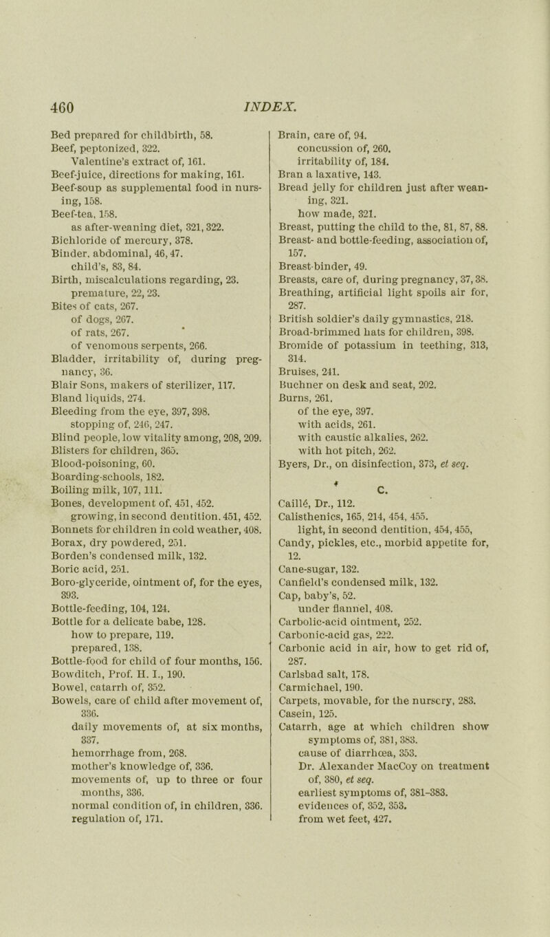 Bed prcpared for childbirth, 58. Beef, peptonized, 322. Valentine’s extract of, 161. Beef-juice, directions for making, 161. Beef-soup as supplémentai food in nurs- ing, 158. Beef-tea, 158. as after-weaning diet, 321,322. Bichloride of mercury, 378. Binder. abdominal, 46,47. child’s, 83, 84. Birth, miscalculations regarding, 23. prématuré, 22, 23. Bites of cats, 267. of dogs, 267. of rats, 267. of venomous serpents, 266. Bladder, irritability of, during preg- nancy, 36. Blair Sons, makers of sterilizer, 117. Bland liquids, 274. Bleeding from the eye, 397, 398. stopping of, 246, 247. Blind people, low vitality among, 208, 209. Blisters for children, 365. Blood-poisoning, 60. Boarding-schools, 182. Boiling milk, 107,111. Bones, development of, 451, 452. growing, in second dentition. 451, 452. Bonnets for children in cold weather, 408. Borax, dry powdered, 251. Borden’s condensed milk, 132. Boric acid, 251. Boro-glyceride, ointment of, for the eyes, 393. Bottle-feeding, 104,124. Bottle for a délicate babe, 128. how to préparé, 119. prepared, 138. Bottle-food for child of four months, 156. Bowditch, Prof. II. I., 190. Bowel, catarrh of, 352. Bowels, care of child after movement of, 336. daily movements of, at six months, 337. hemorrhage from, 268. mother’s knowledge of, 336. movements of, up to three or four months, 336. normal condition of, in children, 336. régulation of, 171. Brain, care of, 94. concussion of, 260. irritability of, 184. Bran a laxative, 143. Bread jelly for children just after wean- ing, 321. how made, 321. Breast, putting the child to the, 81, 87, 88. Breast- and bottle-feeding, association of, 157. Breast-binder, 49. Breasts, care of, during pregnancy, 37,38. Breathing, artiticial liglit spoils air for, 287. British soldier’s daily gymnastics, 218. Broad-brimmed hats for children, 398. Bromide of potassium in teething, 313, 314. Bruises, 241. Buchner on desk and seat, 202. Burns, 261. of the eye, 397. with acids, 261. with caustic alkalies, 262. with hot pitch, 262. Byers, Dr., on disinfection, 373, et seq. Caillé, Dr., 112. Calisthenics, 165, 214, 454, 455. light, in second dentition, 454, 455, Candy, pickles, etc., morbid appetite for, 12. Cane-sugar, 132. Canfield’s condensed milk, 132. Cap, baby’s, 52. under flanhel, 408. Carbolic-acid ointment, 252. Carbonic-acid gas, 222. Carbonic acid in air, how to get rid of, 287. Carlsbad sait, 178. Carmichael, 190. Carpets, movable, for the nursery, 283. Casein, 125. Catarrh, âge at which children show symptoms of, 381,383. cause of diarrliœa, 353. Dr. Alexander MacCoy on treatment of, 3S0, et seq. earliest symptoms of, 381-383. évidences of, 352, 353. from wet feet, 427.