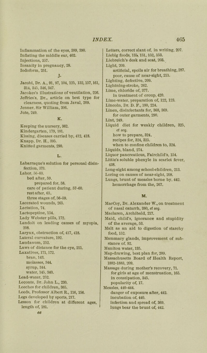 Inflammation of the eyes, 389, 390. Inflating the middle ear, 402. Injections, 357. Insanity in pregnancy, 28. Iodoform, 251. J. Jacobi, Dr. A., 91, 97,104,125, 132,157,161, 314, 345, 346, 347. Jacokes’s illustrations of ventilation, 226. Jeffries's, Dr., article on best type for clearness, quoting from. Javal, 209. Jenner, Sir William, 306. Jute, 249. K. Keeping the nursery, 362. Kindergarten, 179, 181. Kissing. diseases carried by, 412, 418. Knapp, Dr. H., 395. Knitted garments, 290. L. Labarraque’s solution for personal disin- fection, 373. Labor. 56-60. bed after, 59. prepared for, 58. care of patient during, 57-60. rest after, 63. three stages of, 56-59. Lacerated wounds, 265. Lactation, 74. Lactopeptine, 154. Lady Webster pills, 172. Landolt on leading causes of myopia, 208. Larynx, obstruction of, 417, 418. Latéral curvature, 192. Laudanum, 252. Laws of distance for the eye, 211. Laxatives, 171,172. bran, 143. molasses, 344. syrup, 344. water, 145, 340. Lead-water, 252. Leconte, Dr. John L., 230. Leeches for children, 365. Leeds, Professor Albert R., 116, 156. Legs developed by sports, 217. Lesson for children at different âges, length of, 181. ee Letters, correct slant of, in writing, 207. Liebig foods, 135> 151, 152, 153. Liebreich’s desk and seat, 203. Light, 209. artificial, spoils air for breathing, 287. poor, cause of near-sight, 211. Lighting, defective, 209. Lightning-stroke, 262. Lime, chloride of, 377. in treatment of croup, 420. Lime-water, préparation of, 122, 123. Lincoln, Dr. D. F., 180, 224. Lineu, disinfectants for, 368, 369. for outer garments, 290. Lint, 249. Liquid diet for weakly children, 325, et seq. how to préparé, 324. recipes for, 324, 325. when to confine children to, 324. Liquids, bland, 274. Liquor pancreaticus, Fairchild’s, 154. Little’s soluble phenyle in scarlet fever, 438. Long-sight among school-children, 213. Loring on causes of near-sight, 208. Lungs, brunt of measles borne by, 442. hemorrhage from the, 267. M. MacCoy, Dr. Alexander W., on treatment of nasal catarrh, 380, et seq. Maclaren, Archibald, 217. Maid, cliild’s, ignorance and stupidity of the average, 53. Malt as an aid to digestion of starchy food, 152. Mammary glands, improvement of sub- stance of, 92. Manitou water, 135. Map-drawing, best plan for, 209. Massachusetts Board of Health Report, 1882-1883, 209. Massage during mother’s recovery, 71. for girls at âge of menstruation, 165. in constipation, 345. popularity of, 17. Measles, 440-444. danger of exposure after, 442. incubation of, 440. infection and spread of, 369. lungs bear the brunt of, 442.