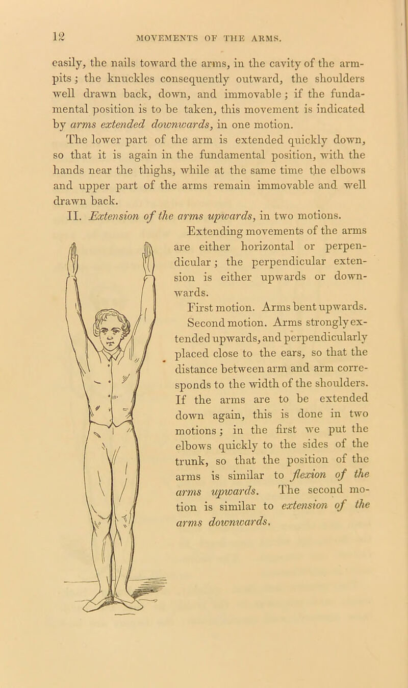 easily, the nails toward the arms, in the cavity of the arm- pits ; the knuckles consequently outward, the shoulders well drawn hack, down, and immovable ; if the funda- mental position is to he taken, this movement is indicated by arms extended downwards, in one motion. The lower part of the arm is extended quickly down, so that it is again in the fundamental position, with the hands near the thighs, while at the same time the elbows and upper part of the arms remain immovable and well drawn back. II. Extension of the arms upwards, in two motions. Extending movements of the arms are either horizontal or perpen- dicular ; the perpendicular exten- sion is either upwards or down- wards. First motion. Arms bent upwards. Second motion. Arms strongly ex- tended upwards, and perpendicularly placed close to the ears, so that the distance between arm and arm corre- sponds to the width of the shoulders. If the arms are to be extended down again, this is done in two motions; in the first we put the elbows quickly to the sides of the trunk, so that the position of the arms is similar to flexion of the arms upwards. The second mo- tion is similar to extension of the arms doivmoards.