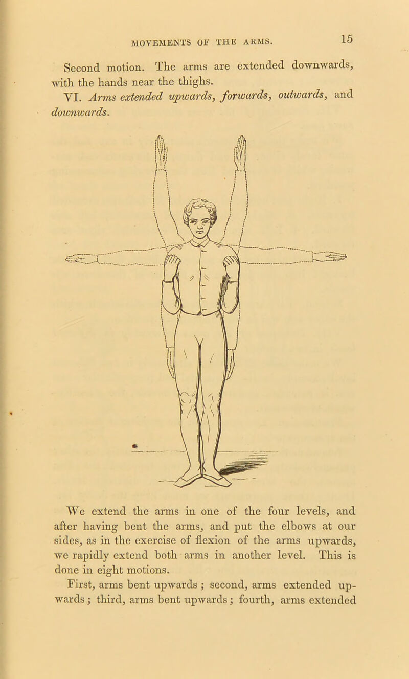 Second motion. The arms are extended downwards, with the hands near the thighs. VI. Arms extended upwards, forwards, outwards, and dowmoards. VVe extend the arms in one of the four levels, and after having bent the arms, and put the elbows at our sides, as in the exercise of flexion of the arms upwards, we rapidly extend both arms in another level. This is done in eight motions. First, arms bent upwards ; second, arms extended up- wards ; third, arms bent upwards; fourth, arms extended