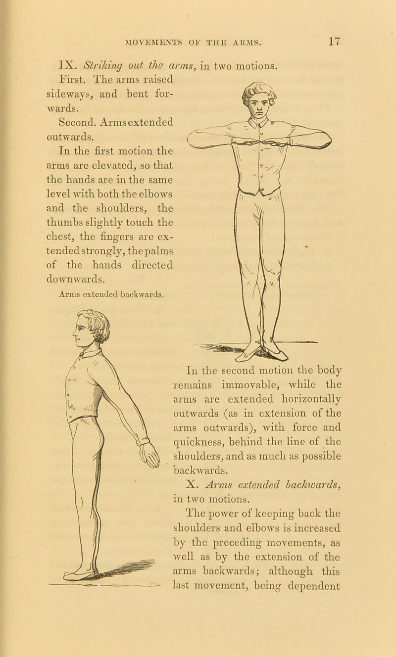 IX. Striking out. the ar, First. The arms raised sideways, and bent for- wards. Second. Arms extended outwards. In the first motion the arms are elevated, so that the hands are in the same level with both the elboAvs and the shoulders, the thumbs slightly touch the chest, the fingers are ex- tended strongly, the palms of the hands directed downwards. Arms extended backwards. s, in two motions. remains immovable, Avhile the arms are extended horizontally outAvards (as in extension of the arms outAvards), Avith force and quickness, behind the line of the shoulders, and as much as possible backwards. X. Arms extended haclaoards, in two motions. The poAver of keeping back the shoulders and elbotvs is increased by the preceding movements, as Avell as by the extension of the arms backwards; although this last movement, being dependent