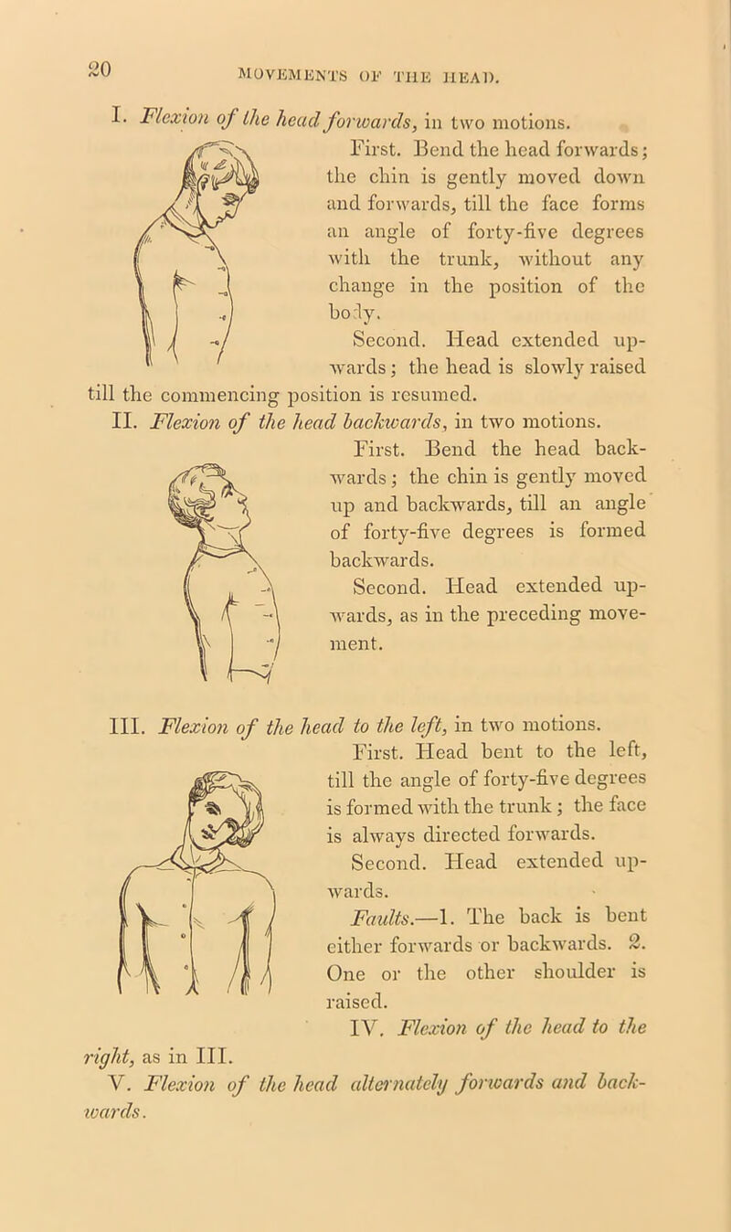 I. Flexion of the head forwards, in two motions. First. Bend the head forwards; the chin is gently moved down and forwards, till the face forms an angle of forty-five degrees with the trunk, without any change in the position of the bo:ly. Second. Head extended up- wards ; the head is slowly raised till the commencing position is resumed. II. Flexion of the head backwards, in two motions. First. Bend the head back- wards ; the chin is gently moved up and backwards, till an angle of forty-five degrees is formed backwards. Second. Head extended up- Avards, as in the preceding move- ment. III. Flexion of the head to the left, in two motions. First. Head bent to the left, till the angle of forty-five degrees is formed Avith the trunk; the face is always directed forwards. Second. Head extended up- wards. Faidts.—1. The back is bent either forwards or backwards. 2. One or the other shoulder is raised. IV, Flexion of the head to the right, as in III. V. Flexion of the head alternately forwards and back- wards.