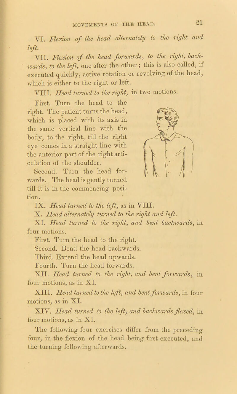VI. Flexion of the head alternately to the right and left. VII. Flexion of the head fonoards, to the right, back- wards, to the left, one after the other; this is also called, if executed quickly, active rotation or revolving of the head, which is either to the right or left. VIII. Head turned to the right, in two motions. First. Turn the head to the right. The patient turns the head, which is placed with its axis in the same vertical line with the body, to the right, till the right eye comes in a straight line with the anterior part of the right arti- culation of the shoulder. Second. Turn the head for- wards . The head is gently turned till it is in the commencing posi- tion. IX. Head turned to the left, as in VIII. X. Head alternately turned to the right and left. XI. Head turned to the right, and bent backwards, in four motions. First. Turn the head to the right. Second. Bend the head backwards. Third. Extend the head upwards. Fourth. Turn the head forwards. XIT. Head turned to the right, and bent forwards, in four motions, as in XI. XIII. Head turned to the left, and bent forwards, in four motions, as in XI. XIV. Head turned to the left, and backwards flexed, in four motions, as in XI. The following four exercises differ from the preceding four, in the flexion of the head being first executed, and the turning following afterwards.
