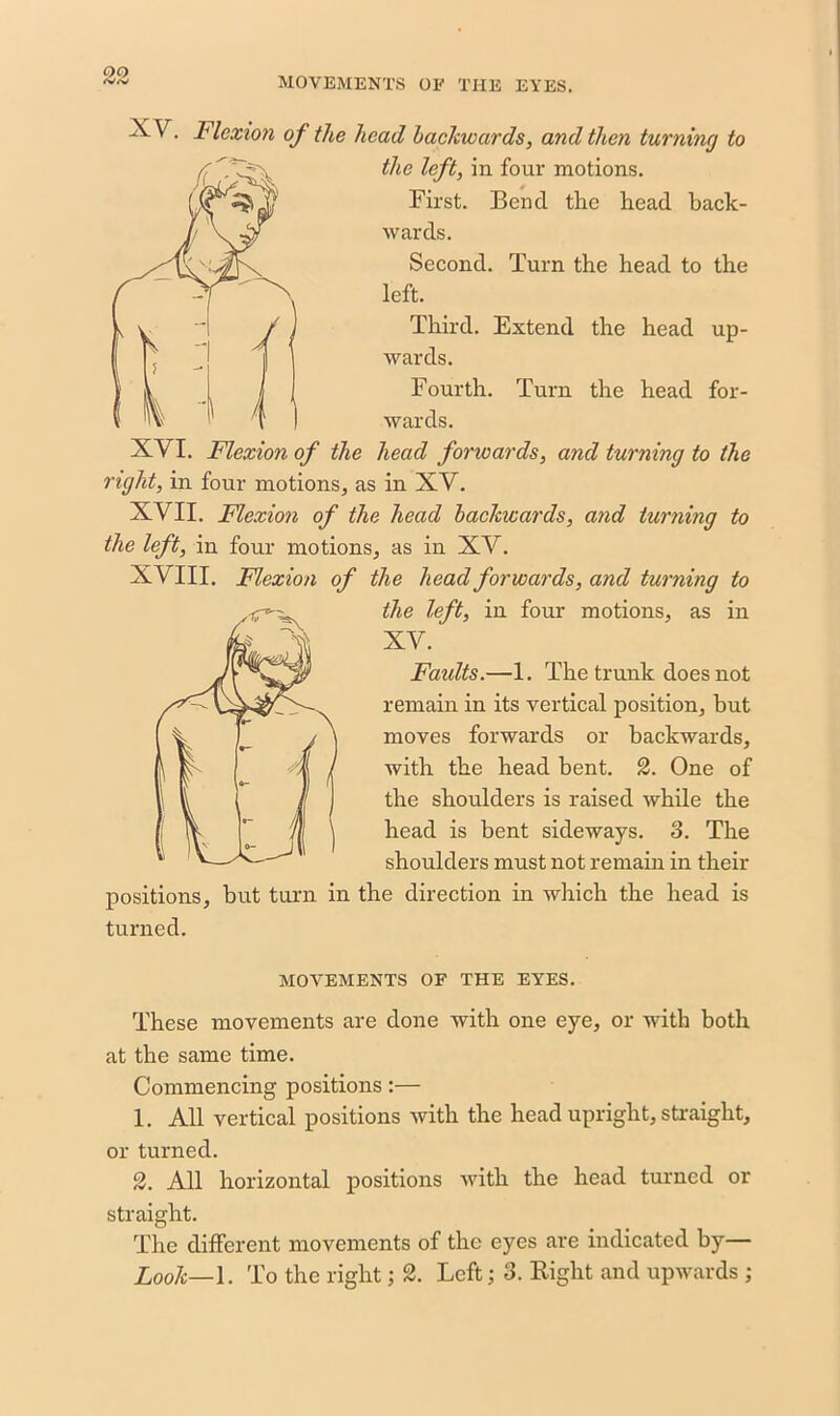 oo XV. Llcxion of the head backwards, and then turning to the left, in four motions. First. Bend the head hack- wards. Second. Turn the head to the left. Third. Extend the head up- wards. Fourth. Turn the head for- wards. XVI. Flexion of the head forwards, and turning to the right, in four motions, as in XV. XVII. Flexion of the head backwards, and turning to the left, in four motions, as in XV. XVIII. Flexion of the head forwards, and turning to the left, in four motions, as in XV. Faults.—1. The trunk does not remain in its vertical position, but moves forwards or backwards, with the head bent. 2. One of the shoulders is raised while the head is bent sideways. 3. The shoulders must not remain in their positions, but turn in the direction in which the head is turned. MOVEMENTS OF THE EYES. These movements are done with one eye, or with both at the same time. Commencing positions:— 1. All vertical positions with the head upright, straight, or turned. All horizontal positions with the head turned or straight. The different movements of the eyes are indicated by—