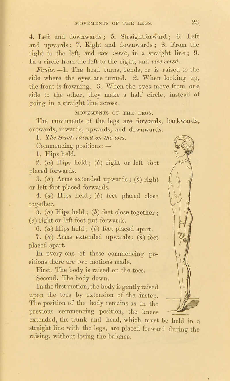 4. Left ancl downwards; 5. Straightforward; 6. Left and upwards ; 7. Light and downwards ; 8. From the right to the left, and vice versa, in a straight line ; 9. In a circle from the left to the right, and vice versa. Faults.—1. The head turns, bends, or is raised to the side where the eyes are turned. 2. When looking up, the front is frowning. 3. When the eyes move from one side to the other, they make a half circle, instead of going in a straight line across. MOVEMENTS OF THE LEGS. The movements of the legs are forwards, backwards, outwards, inwards, upwards, and downwards. I. The trunk raised on the toes. Commencing positions: — 1. Hips held. 2. (a) Hips held; (b) right or left foot placed forwards. 3. (a) Arms extended upwards ; (b) right or left foot placed forwards. 4. (a) Hips held; (h) feet placed close together. 5. (a) Hips held ; (b) feet close together ; (c) right or left foot put forwards. 6. (a) Hips held ; (b) feet placed apart. 7. (a) Arms extended upwards ; (b) feet placed apart. In every one of these commencing po- sitions there are two motions made. First. The body is raised on the toes. Second. The body down. In the first motion, the body is gently raised upon the toes by extension of the instep. The position of the body remains as in the previous commencing position, the knees extended, the trunk and head, which must be held in a straight line with the legs, are placed forward during the raising, without losing the balance.