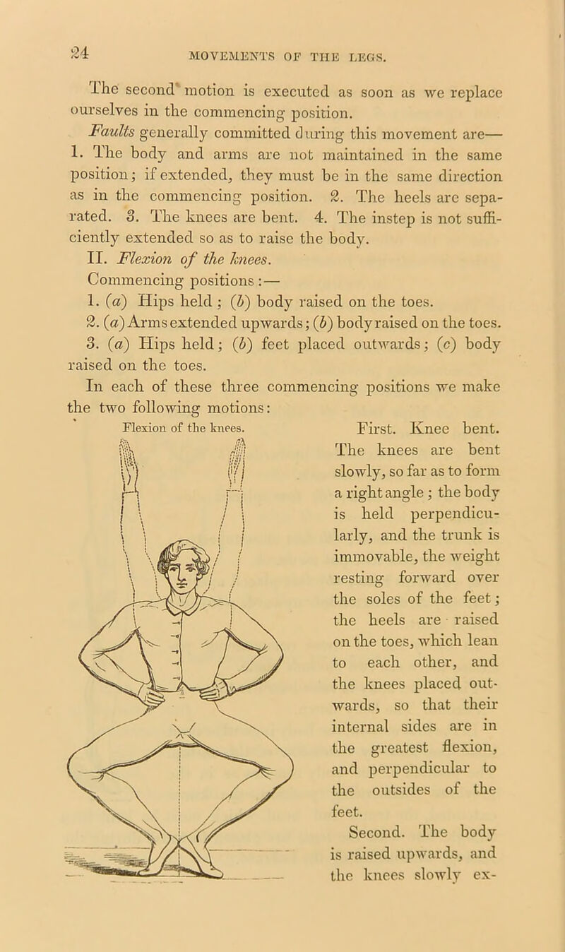 I he second motion is executed as soon as we replace ourselves in the commencing position. Faults generally committed during this movement are— 1. The body and arms are not maintained in the same position; if extended, they must be in the same direction as in the commencing position. 2. The heels arc sepa- rated. 3. The knees are bent. 4. The instep is not suffi- ciently extended so as to raise the body. II. Flexion of the knees. Commencing positions: — 1. (a) Hips held ; (b) body raised on the toes. 2. (a) Arms extended upwards; (5) body raised on the toes. 3. (a) Hips held ; (b) feet placed outwards; (c) body raised on the toes. In each of these three commencing positions we make First. Knee bent. The knees are bent slowly, so far as to form a right angle ; the body is held perpendicu- larly, and the trunk is immovable, the weight resting forward over the soles of the feet; the heels are raised on the toes, which lean to each other, and the knees placed out- wards, so that their internal sides are in the greatest flexion, and perpendicular to the outsides of the feet. Second. The body is raised upwards, and the knees slowly ex- the two following motions: Flexion of the knees.