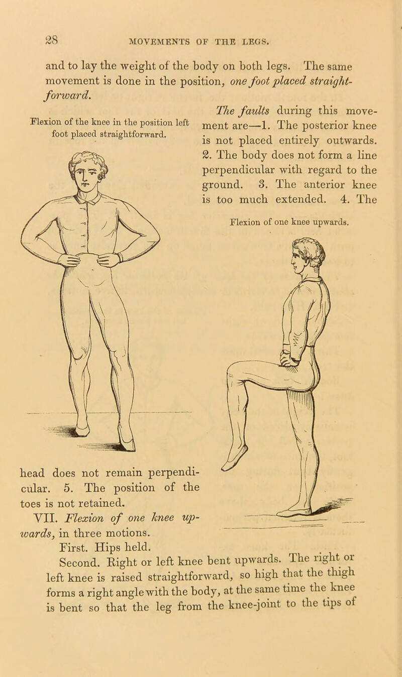 and to lay the weight of the body on both legs. The same movement is done in the position, one foot placed straight- fonoard. The faults during this move- Flexion of tlie knee in the position left ment are—1. The posterior knee foot placed straightforward. . , , . n , , is not placed entirely outwards. 2. The body does not form a line perpendicular with regard to the ground. 3. The anterior knee is too much extended. 4. The head does not remain perpendi- cular. 5. The position of the toes is not retained. VII. Flexion of one hnee up- wards, in three motions. First. Hips held. Second. Right or left knee bent upwards. The right or left knee is raised straightforward, so high that the thigh forms a right angle with the body, at the same time the knee is bent so that the leg from the knee-joint to the tips of