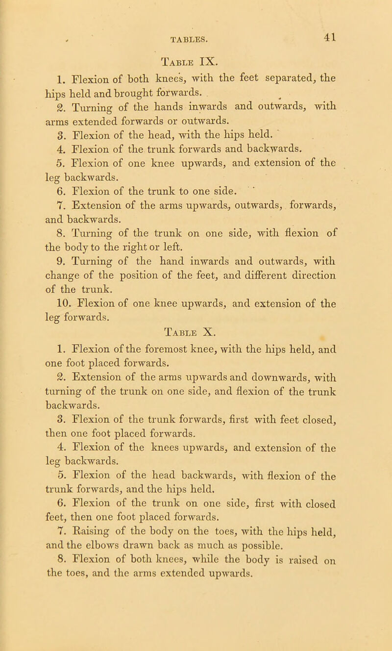 Table IX. 1. Flexion of both knees, with the feet separated, the hips held and brought forwards. 2. Turning of the hands inwards and outwards, with arms extended forwards or outwards. 3. Flexion of the head, with the hips held. 4. Flexion of the trunk forwards and backwards. 5. Flexion of one knee upwards, and extension of the leg backwards. 6. Flexion of the trunk to one side. 7. Extension of the arms upwards, outwards, forwards, and backwards. 8. Turning of the trunk on one side, with flexion of the body to the right or left. 9. Turning of the hand inwards and outwards, with change of the position of the feet, and different direction of the trunk. 10. Flexion of one knee upwards, and extension of the leg forwards. Table X. 1. Flexion of the foremost knee, with the hips held, and one foot placed forwards. 2. Extension of the arms upwards and downwards, with turning of the trunk on one side, and flexion of the trunk backwards. 3. Flexion of the trunk forwards, first with feet closed, then one foot placed forwards. 4. Flexion of the knees upwards, and extension of the leg backwards. 5. Flexion of the head backwards, with flexion of the trunk forwards, and the hips held. 6. Flexion of the trunk on one side, first with closed feet, then one foot placed forwards. 7. Raising of the body on the toes, with the hips held, and the elbows drawn back as much as possible. 8. Flexion of both knees, while the body is raised on the toes, and the arms extended upwards.