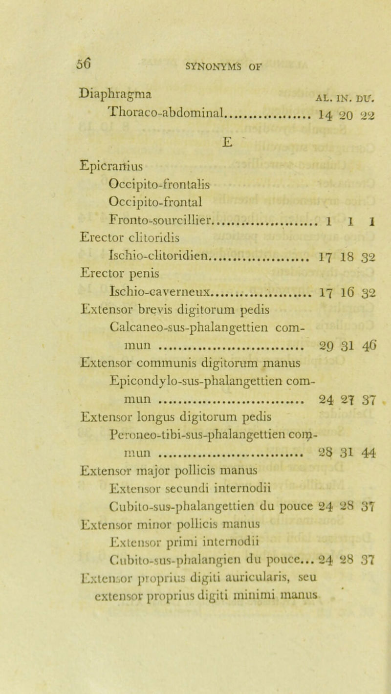 Diaphragma AL. in. ntr. Thoraco-abdominal 14 20 22 E Epicrartius Occipito-frontalis Occipito-frontal Fronto-sourcillier Ill Erector clitoridis Ischio-clitoridien 17 18 32 Erector penis Ischio-caverneux . 17 16 32 Extensor brevis digitorum pedis Calcaneo-sus-phalangettien com- mun 29 31 46 Extensor communis digitorum manus Epicondylo-sus-phalangettien com- mun 24 27 37 Extensor longus digitorum pedis Peroneo-tibi-sus-phalangettien com- mun 28 31 44 Extensor major pollicis manus Extensor secundi internodii Cubito-sus-phalangettien du pouce 24 28 37 Extensor minor pollicis manus Extensor primi internodii Cubito-sus-phalangien du pouce... 24 28 37 Extensor proprius digiti auricularis, seu extensor proprius digiti minimi manus