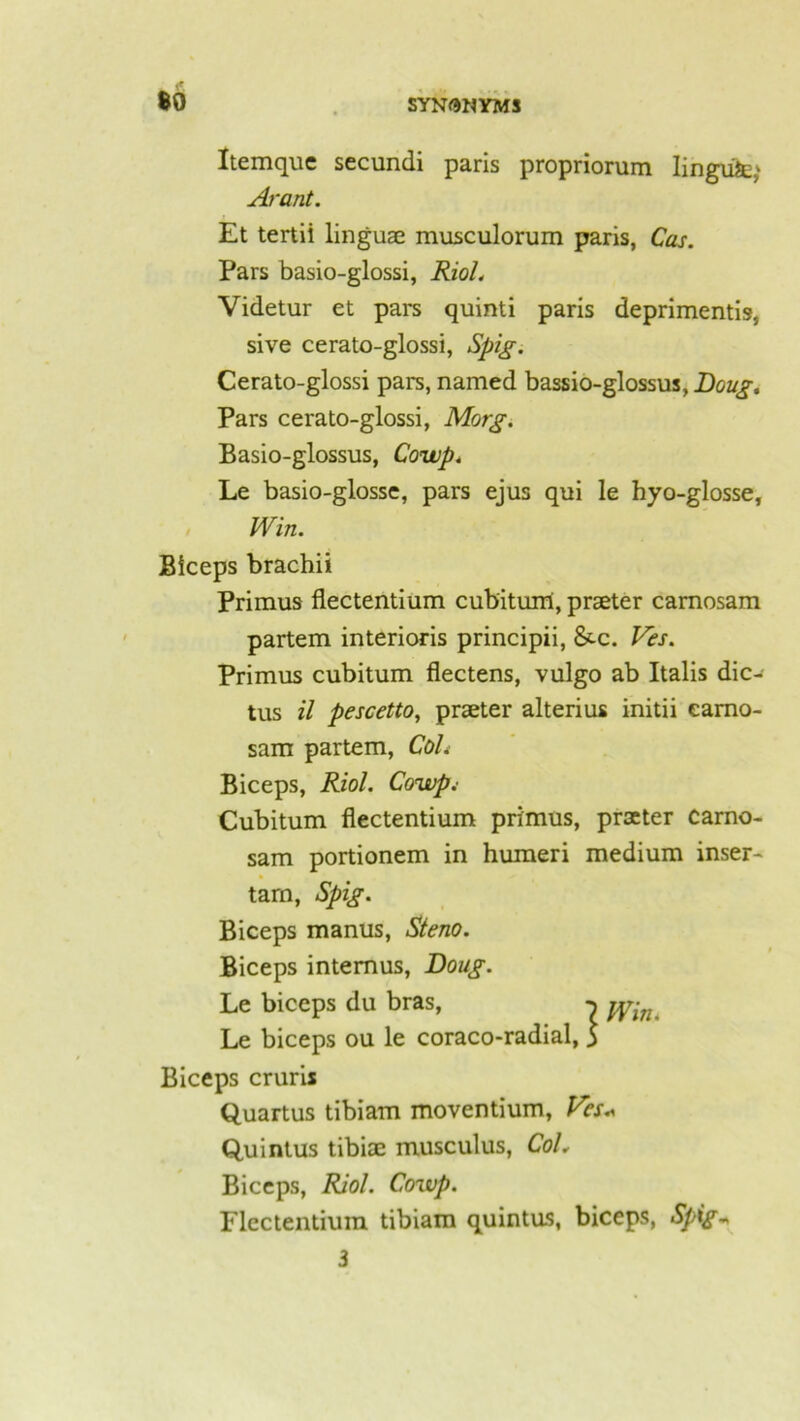 Itemque secundi paris propriorum Iingufc; Arant. Et tertii linguae musculorum paris, Cas. Pars basio-glossi, Riol. Videtur et pars quinti paris deprimentis, sive cerato-glossi, Spig. Cerato-glossi pars, named bassio-glossus, Doug. Pars cerato-glossi, Morg. Basio-glossus, Cowp. Le basio-glosse, pars ejus qui le hyo-glosse. Win. Biceps brachii Primus flectentium cubitum, praeter camosam partem interioris principii, &c. Ves. Primus cubitum flectens, vulgo ab Italis dic- tus il pescetto, praeter alterius initii eamo- sam partem, CoL Biceps, Riol. Cowp: Cubitum flectentium primus, praeter carno- sam portionem in humeri medium inser- tarn, Spig. Biceps manus, Steno. Biceps intemus, Doug. Le biceps du bras, Le biceps ou le coraco-radial, $ Biceps cruris Quartus tibiam moventium, Vcs« Quintus tibiae musculus, CoL Biceps, Riol. Cowp. Flectentium tibiam quintas, biceps, Spig- 3