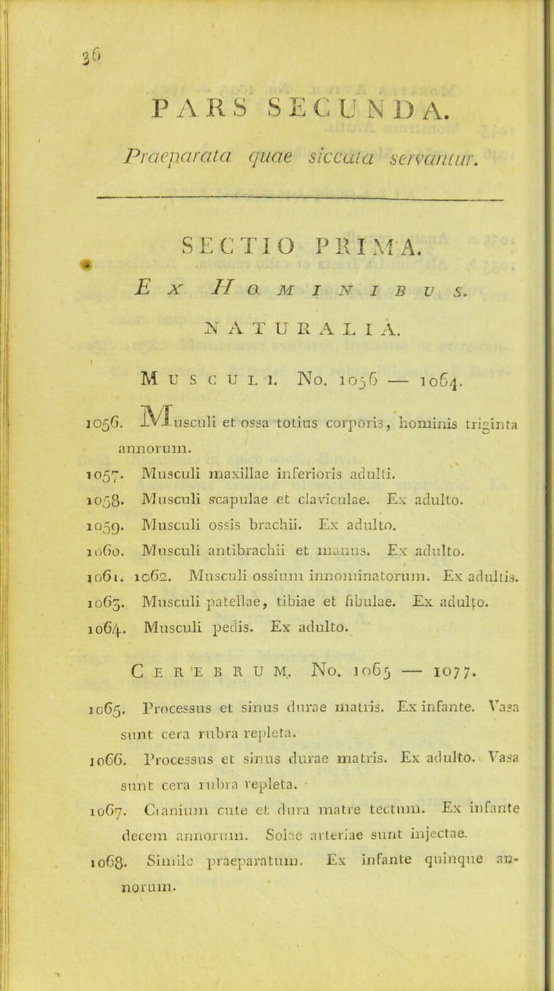 E' P A R S S E C u N D A. Praeparata quae siccala servauiur. SEC TIG PRIM A. Ex Hqlminibvs. N A T U R A L I A. 1 M U S G U L I. No. 1056 1064. ,056. M usculi et ossa tolius corporis, hominis triginta annorum. ^ V 1057. Musculi maxillae inferioris adulti. 1058- Musculi scapulae et claviculae. Ex adulto. 1059. Musculi ossis brachii. Ex adulto. 1060. Musculi antibrachii et maims. Ex adulto. 1061. 1062. Musculi ossium innominatorum. Ex adult is. 1065. Musculi patellae, tibiae et fibulae. Ex adulfo. ioC/f. Musculi pedis. Ex adulto. C E R 'E B R U M. No. 1065 — IO77. 10C5. Processus et sinus dnrae matvis. Ex infante. Vasa sunt cera rubra repleta. joCG. Processus et sinus durae rnatris. Ex adulto. Vasa sunt cera rubra repleta. 10G7. Cianium cute et dura matre tectum. Ex infante decern annorum. Solac arteriae sunt injectae. 10G8. Simile praeparatum. Ex infante quinque an- norum.