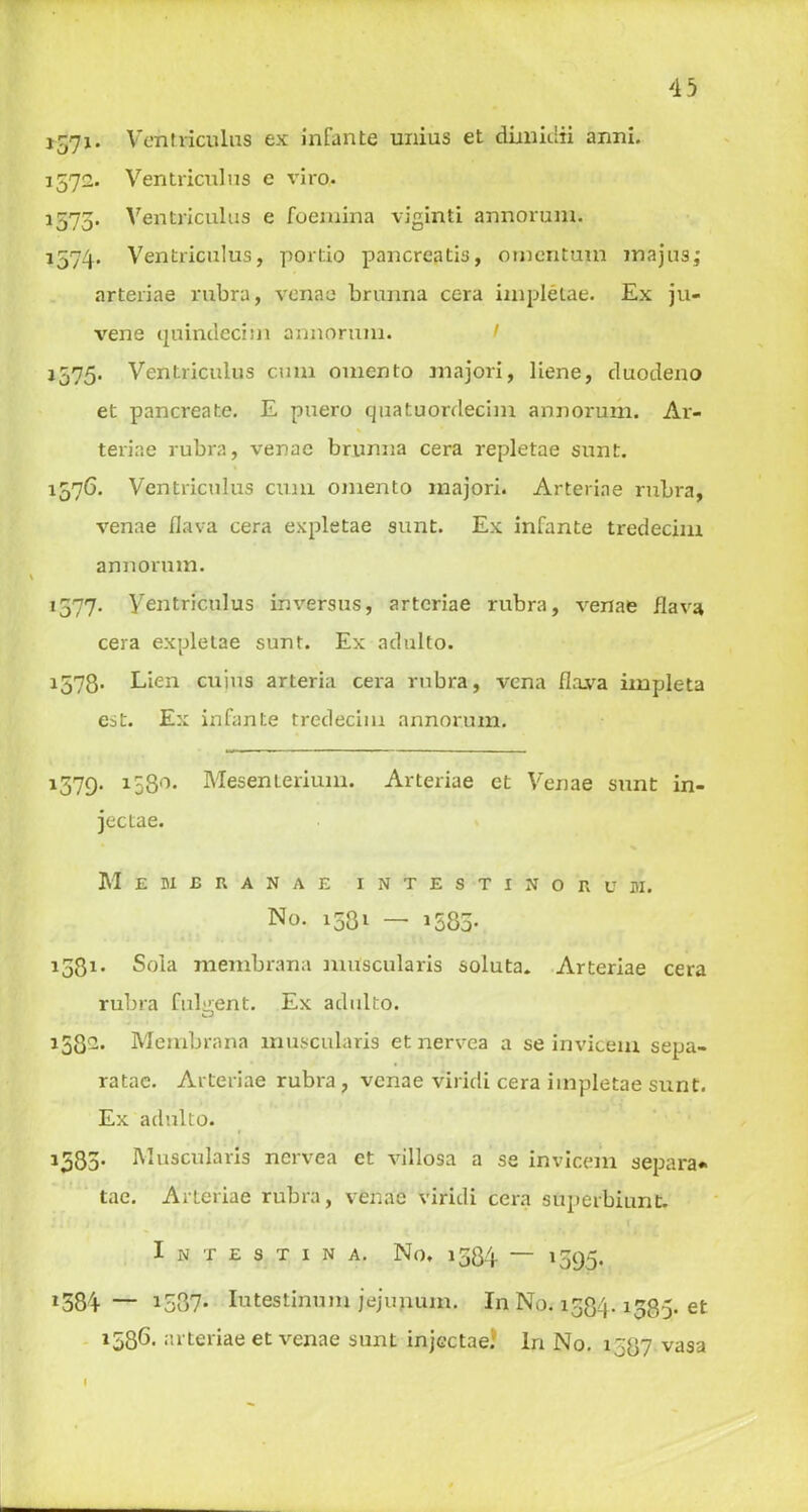 j371. Ventriculus ex infante unius et dimidii anni. 1572. Ventriculus e viro. 1575. Ventriculus e foemina viginti annorum. 1574. Ventriculus, portio pancreatis, omentum majus; arteriae rubra, venae brunna ccra impletae. Ex ju- vene quindecim annorum. 1575. Ventriculus cum omento majori, liene, duodeno et pancreate. E puero quatuordecim annorum. Ar- % teriae rubra, venae brunna cera repletae sunt. 1576. Ventriculus cum omento majori. Arteriae rubra, venae flava cera expletae sunt. Ex infante tredecim annorum. 1377. Ventriculus inversus, arteriae rubra, venae flava cera expletae sunt. Ex adulto. 1578. Lien cuius arteria cera rubra, vena flava impleta est. Ex infante tredecim annorum. 1379. 1580. Mesemerium. Arteriae et Venae sunt in- jectae. MeMBRANAE INTESTINOltUBI. No. 1581 — 1583. 1581. Sola membrana muscularis soluta. Arteriae cera rubra fuliient. Ex adulto. CJ 1582. Membrana muscularis etnervea a se invicem sepa- ratae. Arteriae rubra , venae viridi cera iinpletae sunt. Ex adulto. i583- Muscularis nervea et villosa a se invicem separa* tae. Arteriae rubra, venae viridi cera superbiunt. Intestina. No, 1384 — 1395. i384 — 1537- Iutestinum jejunum. In No. 1384.1385* et 1386. arteriae et venae sunt injcctae; In No. i' 87 vasa
