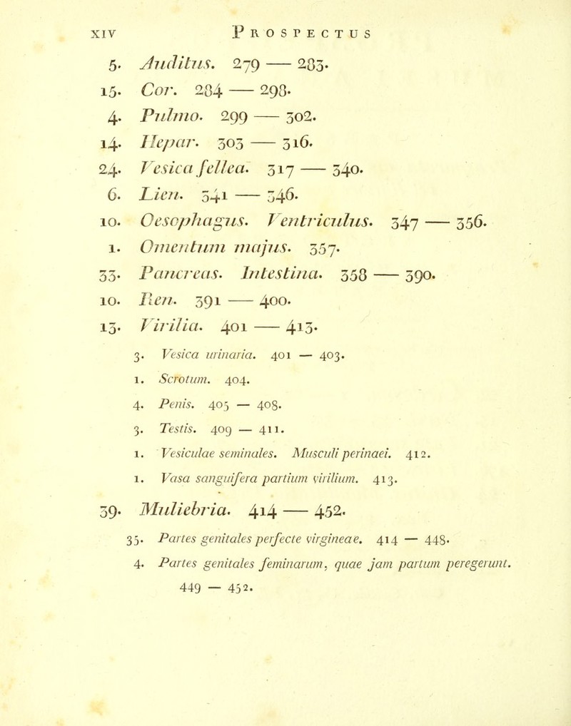 5. Juditus. 279 283. 15. Cor. 284 — 298- 4. Piibno. 299 502. 14. IIepcn\ 303 — 316. 24. Vesica fellea. 317 — 340. 6. Lien, 341 — 346- 10. Oesophagus- Ventriciilus* 347 — 356. 1. Oinentmn majus* 357. 33. Pancreas. Intestina* 358 — 390. 10. Jim. 391 — 4^0' 13. ViriJia. 4i3* 3. Vesica urinaria, 401 — 403. 1. Scrotum. 404. 4. Penis. 403 — 408. 3. Testis. 409 — 411. 1. Vesiculae seminales. AIuscuUperinaei. 412. 1. sanguifera partium virilium. 413. 39. Muliebria, 4i4 — 452. 35. Partes genitales perfecte virgineae, 414 — 448. 4. Partes genitales feminarum, quae jam par turn peregerunt. 449 — 452.