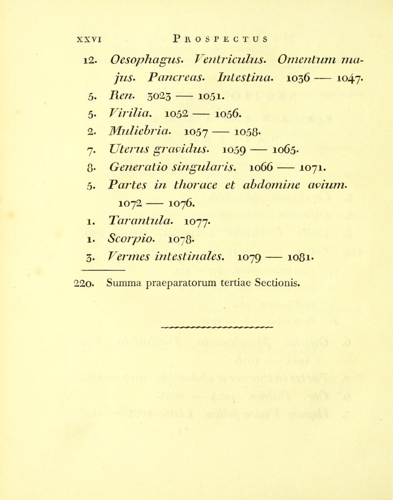 i2. Oesophagus* Ventriculiis* Omentum ma- jus. Pancreas* Intestina. 1036 — 1047* 5. Ren, 3023 — 1051. 5. Virilia, 1052 — 1056. 2. Muliebria, 1057 — io58' 7. Uterus graviclus* 1059 — 1065. 8' Generatio singularis. 1066 1071. 5. Partes in thorace et abdomine avium* 1072 — 1076. 1. Tarantula* 1077. 1. Scorpio* 1078' 3. Vermes intestinales, 1079 — 108!•