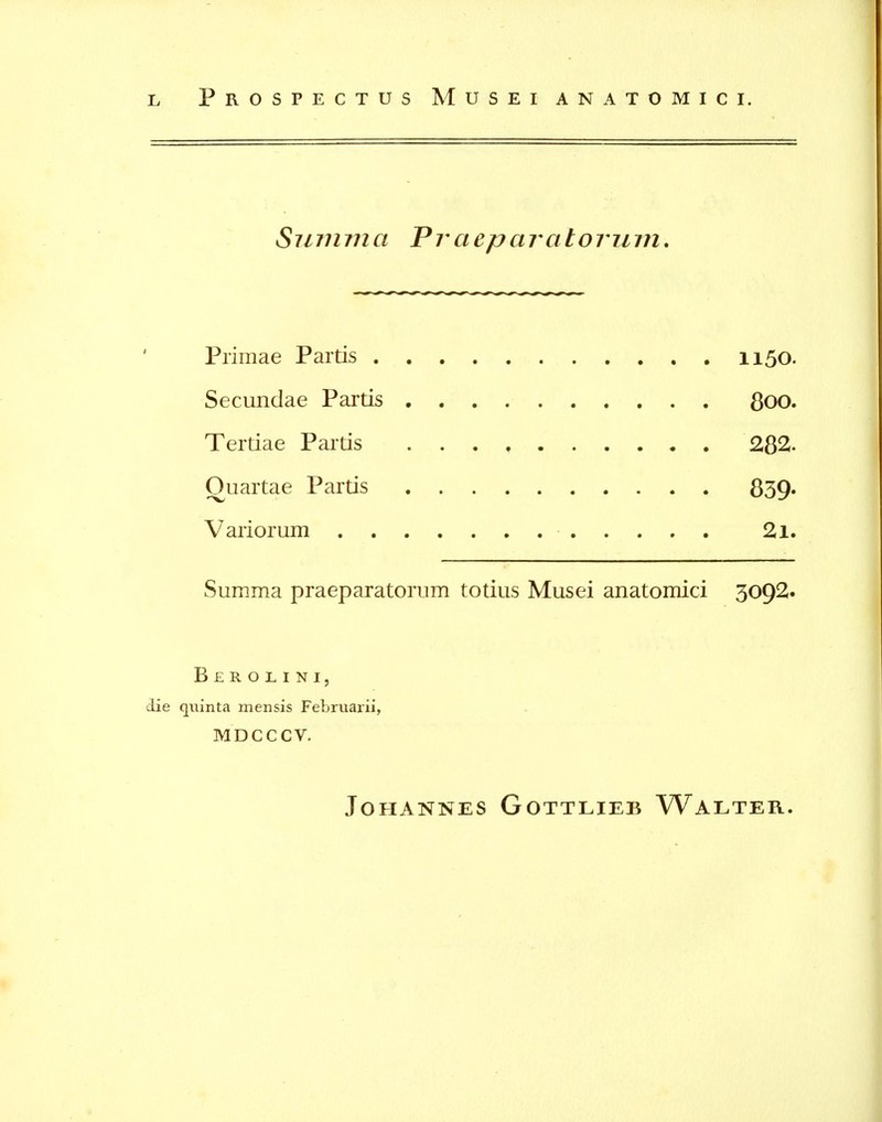 SjI 771771 a PTCiepa 7at07ll 77l. Primae Partis ii5o. Secundae Partis 3oo. Tertiae Partis 282. Oiiartae Partis 839» Variorum 2l. Summa praeparatorum totius Musei anatomici 3092. Berolini, die qitinta mensis Februarii, MDCCCV. Johannes Gottlieb Walter.