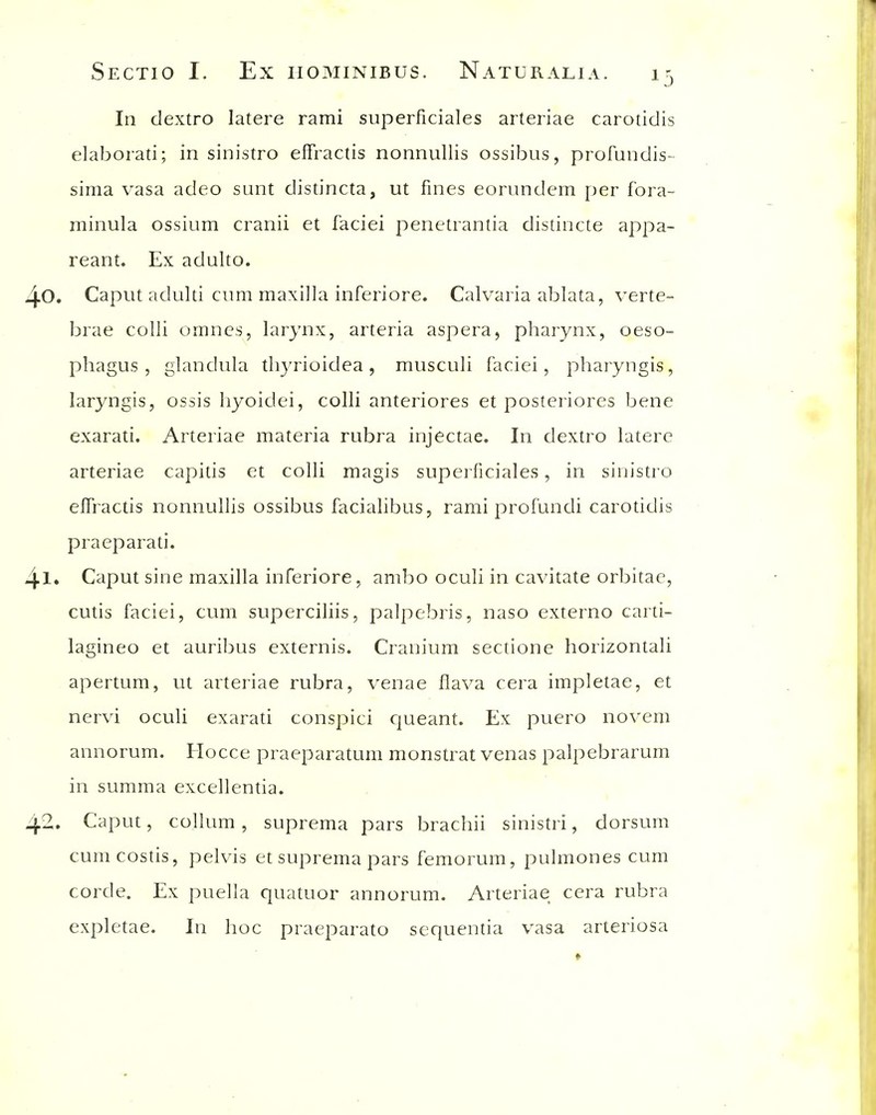 In dextro latere rami superficiales arteriae carotidis elaborati; in sinistro effractis nonnullis ossibus, profandis- sima vasa adeo sunt distincta, ut fines eorundem per fora- minula ossium cranii et faciei penetrantia distincte appa- reant. Ex adulto. 40. Caput adulti cum maxilla inferiore. Calvaria ablata, verte- brae colli omnes, larynx, arteria aspera, pharynx, oeso- phagus, glandula thjTioidea, musculi faciei, pharyngis, laryngis, ossis hyoidei, colli anteriores et posteriores bene exarati. Arteriae materia rubra injectae. In dextro latere arteriae capitis et colli magis superficiales, in sinistro elTractis nonnullis ossibus facialibus, rami profundi carotidis praeparati. 4l» Caput sine maxilla inferiore, ambo oculi in cavitate orbitac, cutis faciei, cum superciliis, palpebris, naso externo carti- lagineo et auribus externis. Cranium sectione horizontali apertum, ut arteriae rubra, venae flava cera impletae, et nervi oculi exarati conspici cjueant. Ex puero novem annorum. Hocce praeparatum monstrat venas palpebrarum in summa excellentia. 42. Caput, collum, suprema pars brachii sinistri, dorsum cumcostis, pelvis et suprema pars femorum, pulmones cum corde. Ex puella quatuor annorum. Arteriae cera rubra expletae. In hoc praeparato sequentia vasa arteriosa