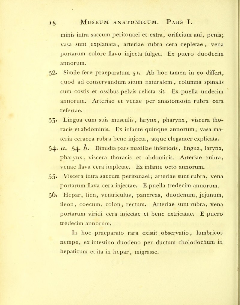 minis intra saccum peritonaei et extra, orificium ani, penis; vasa sunt explanata, arteriae rubra cera repletae, vena portarum colore flavo injecta fulget. Ex puero duodecim annorum. 52. Simile fere praeparatum 51. Ab hoe tamen in eo difFert, quod ad conservandum situm naturalem , columna spinalis cum costis et ossibus pelvis relicta sit. Ex puella undecim annorum. Arteriae et venae per anastomosin rubra cera refertae. 53» Lingua cum suis musculis, larynx, pharynx, viscera tho- racis et abdominis. Ex infante quinque annorum; vasa ma- teria ceracea rubra bene injecta, atque eleganter explicata. 54* ^* 54* ^* Dimidia pars maxillae inferioris, lingua, larynx, pharynx, viscera thoracis et abdominis. Arteriae rubra, venae flava cera impletae. Ex infante octo annorum. 55* Viscera intra saccum peritonaei; arteriae sunt rubra, vena portarum flava cera injectae. E puella tredecim annorum. 56. Hepar, lien^ ventriculus, pancreas, duodenum, jejunum, ileon, coecum, colon, rectum. Arteriae sunt rubra, vena portarum viridi cera injectae et bene extricatae. E puero tredecim annorum. In hoc praeparato rara existit observatio, lumbricos nempe, ex intestino duodeno per ductum cholodochum in hepaticum et ita in hepar, migrasse.