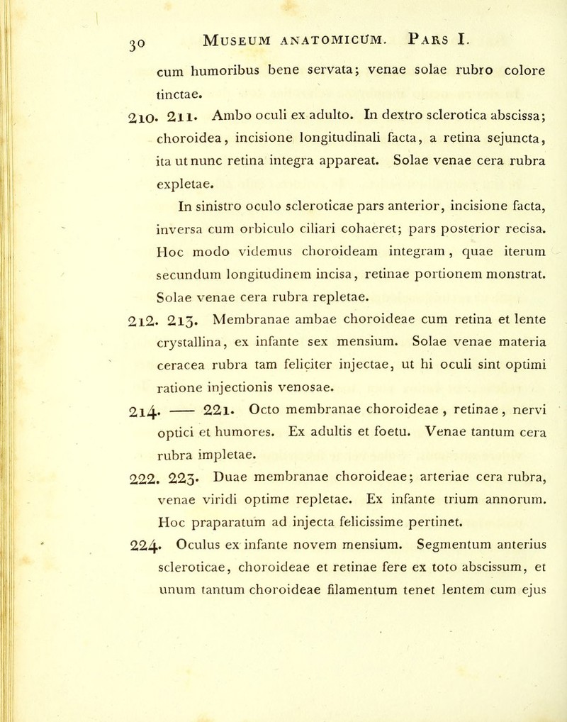 cum humoribus bene servata; venae solae rubro colore tinctae. 2lO. 2ll' Ambo oculi ex adulto. In dextro sclerotica abscissa; choroidea, incisione longitudinali facta, a retina sejuncta, itautnunc retina integra appareat. Solae venae cera rubra expletae. In sinistro oculo scleroticae pars anterior, incisione facta, inversa cum orbiculo ciliari cohaeret; pars posterior recisa. Hoc modo videmus choroideam integram, quae iterum secundum longitudinem incisa, retinae portionem monstrat. Solae venae cera rubra repletae. 2l2. 213. Membranae ambae choroideae cum retina et lente crystallina, ex infante sex mensium. Solae venae materia ceracea rubra tam feliciter injectae, ut hi oculi sint optimi ratione injectionis venosae. 22l. Octo membranae choroideae , retinae, nervi optici et humores. Ex adultis et foetu. Venae tantum cera rubra impletae. 222. 223» Duae membranae choroideae; arteriae cera rubra, venae viridi optime repletae. Ex infante trium annorum. Hoc praparatum ad injecta felicissime pertinet. 224* Oculus ex infante novem mensium. Segmentum anterius scleroticae, choroideae et retinae fere ex toto abscissum, et unum tantum choroideae filamentum tenet lentem cum ejus