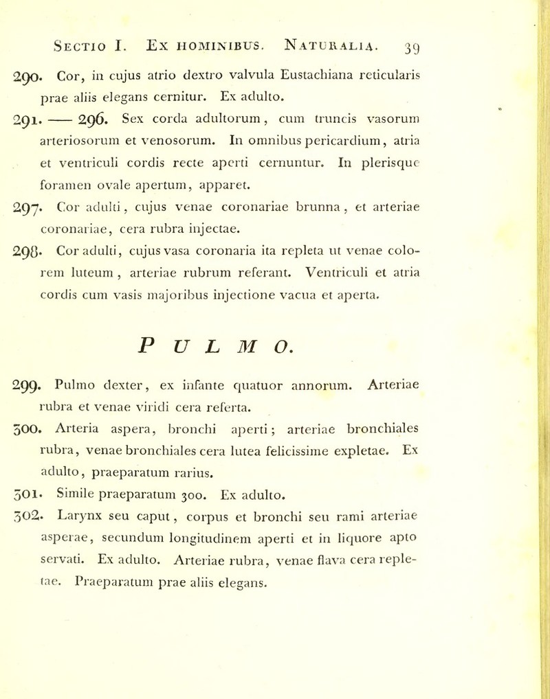 290. Cor, in cujus atrio dextro valvula Eustachiana reticularis prae aliis elegans cernitur. Ex adulto. 291. 296. Sex corda adultorum, cum truncis vasorum arteriosorum et venosorum. In omnibus pericardium, atria et ventriculi cordis recte apcrti cernuntur. In plerisque foramen ovale apertum, apparet. 297* Cor aduiti, cujus venae coronariae brunna , et arteriae coronariae, cera rubra injectae. 298' Cor aduiti, cujus vasa coronaria ita repleta ut venae colo- rem luteum , arteriae rubrum referant. Ventriculi et atria cordis cum vasis majoribus injectione vacua et aperta. P U L 31 O. 299* Pulmo dexter, ex infante quatuor annorum. Arteriae rubra et venae viridi cera referta. 500. Arteria aspera, bronchi aperti; arteriae bronchiales rubra, venae bronchiales cera lutea felicissime expletae. Ex adulto, praeparatum rarius. 501. Simile praeparatum 300. Ex adulto. 502. Larynx seu caput, corpus et bronchi sen rami arteriae asperae, secundum longitudinem aperti et in liciuore apto servati. Ex adulto. Arteriae rubra, venae flava cera reple- lae. Praeparatum prae aliis elegans.