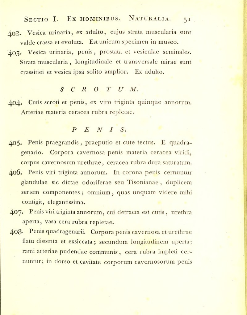 402. Vesica urinaria, ex adulto, cujus strata muscularia sunt valde crassa et evoluta. Est unicum specimen in museo. 403. Vesica urinaria, penis, prostata et vesiculae seminales. Strata muscularia , longitudinale et transversale mirae sunt crassitiei et vesica ipsa solito amplior. Ex adulto. SCROTUM. 404* Cutis scroti et penis, ex viro triginta quinque annorum. Arteriae materia ceracea rubra repletae. PENIS, 405. Penis praegrandis , praeputio et cute tectus. E quadra- genario. Corpora cavernosa penis materia ceracea viridi, corpus cavernosum urethrae, ceracea rubra dura saturatum. 406. Penis viri triginta annorum. In corona penis cernuntur glandulae sic dictae odoriferae seu Tisonianae , duplicem seriem componentes ; omnium, quas unquam videre mihi contigit, elegantissima. 407. Penis viri triginta annorum, cui detracta est cutis, urethra aperta, vasa cera rubra repletae. 408- Penis quadragenarii. Corpora penis cavernosa et urethrae fiatu distenta et exsiccata ; secundum longitudinem aperta; rami arteriae pudendae communis , cera rubra impleti cer- nuntur; in dorso et cavitate corporum cavernosorum penis