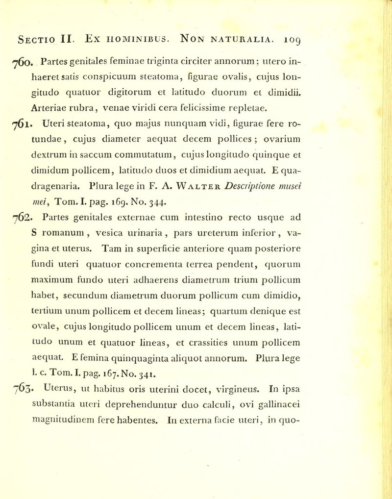 760. Partes genitales feminae triginta circiter annorum; utero in- haeret satis conspicuum steatoma, figurae ovalis, cujus lon- gitudo quatuor digitorum et latitudo duorum et dimidii. Arteriae rubra, venae viridi cera felicissime repletae. 1. Uteri steatoma, quo majus nunquam vidi, figurae fere ro- tundae, cujus diameter aequat decem pollices ; ovarium dextrum in saccum commutatum, cujus longitudo cjuinque et dimidum pollicem, latitudo duos et dimidium aequat. E qua- dragenaria. Piura lege in F. A. Walter Descriptione musei met, Tom. I. pag. 169. No. 344. 762. Partes genitales externae cum intestino recto usque ad S romanum , vesica urinaria , pars ureterum inferior, va- gina et uterus. Tam in superficie anteriore quam posteriore fundi uteri quatuor concrementa terrea pendent, quorum maximum fundo uteri adhaerens diametrum trium pollicum habet, secundum diametrum duorum pollicum cum dimidio, tertium unum pollicem et decem lineas; quartum denique est ovale, cujus longitudo pollicem unum et decem lineas, lati- tudo unum et quatuor lineas, et crassities unum pollicem aequat. E femina quinquaginta aliquot annorum. Plura lege 1. c. Tom. I. pag. 167. No. 341. 763» Uterus, ut habitus oris uterini docet, virgineus. In ipsa substantia uteri deprehenduntur duo calculi, ovi gallinacei magnitudinem fere habentes. In externa facie uteri, in quo-