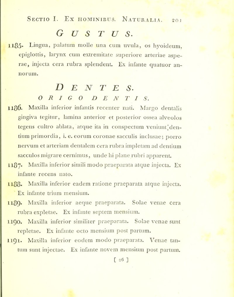 G us T U S. llS5' l^ing^ia, palatum molle una cum uvula, os hyoideum, epiglottis, larynx cum extremitate superiore arteriae aspe- rae, injecta cera rubra splendent. Ex infante quatuor an- norum. D E N r E 5. O R I G 0 D E N T I S. 1186. Maxilla inferior infands recenter nad. Margo dentalis gingiva tegitur, lamina anterior et posterior ossea alveolos tegens cultro ablata, atque ita in conspectum veniunt[den- tium primordia, i. e. eorum coronae sacculis inclusae; porro nervum et arteriam dentalem cera rubra impletam ad dentium sacculos migrare cernimus, unde hi plane rubri apparent. il87« Maxilla inferior simili modo praeparata atcjue injecta. Ex infante recens nato. Il88« Maxilla inferior eadem ratione praeparata atque injecta. Ex infante trium mensium. Il89» Maxilla inferior aeque praeparata. Solae venae cera rubra expletae. Ex infante septem mensium. 1190. Maxilla inferior similiter praeparata. Solae venae sunt repletae. Ex infante octo mensium post partum. 1191. Maxilla inferior eodem modo praeparata. Venae tan- tum sunt injectae. Ex infante novem mensium post partum. [ ^6 ]