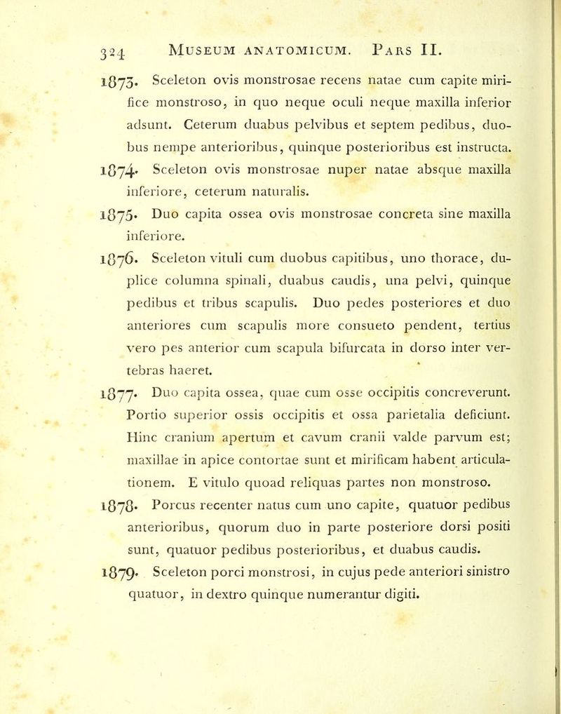 lSj3» Sceleton ovis monstrosae recens natae cum capite miri- fice monstroso, in quo neque oculi neque maxilla inferior adsunt. Ceterum duabus pelvibus et septem pedibus, duo- bus nempe anterioribus, quinque posterioribus est instructa. 1874* Sceleton ovis monstrosae nuper natae absque maxilla inferiore, ceterum naturalis. 1875* Duo capita ossea ovis monstrosae concreta sine maxilla inferiore. lQj6» Sceleton vituli cum duobus capitibus, uno thorace, du- plice columna spinali, duabus caudis, una pelvi, quinque pedibus et tribus scapulis. Duo pedes posteriores et duo anteriores cum scapulis more consueto pendent, tertius vero pes anterior cum scapula bifurcata in dorso inter ver- tebras haeret. 1877. Duo capita ossea, quae cum osse occipitis concreverunt. Portio superior ossis occipitis et ossa parietalia deficiunt. Hinc cranium apertum et cavum cranii valde parvum est; maxillae in apice contortae sunt et mirificam habent articula- tionem. E vitulo quoad reliquas partes non monstroso. 1878* Porcus recenter natus cum uno capite, quatuor pedibus anterioribus, quorum duo in parte posteriore dorsi positi sunt, quatuor pedibus posterioribus, et duabus caudis. l879' Sceleton porci monstrosi, in cujus pede anteriori sinistro quatuor, in dextro quinque numerantur digiti.
