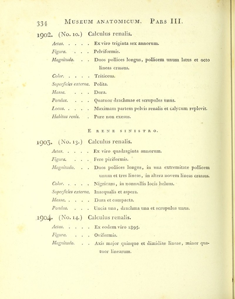 1902. (No. 10.) Calculus renalis. Aetas Ex viro triginta sex annorum. Figura. . . . Pelviformis. MagJiitudo. . . Duos pollices longus, pollicem unum latus et octo lineas crassus. Color Triticeiis. Superficies externa. Polita. Massa. . . . Dura. Pondus. . . . Quatuor drachmae et scrupulus unus. Locus Maximam partem pelvis renalis et calycum replevit. Habitus renis. . Pure non exesus. Erenesinistro. 1903. (No. 13.) Calculus renalis. Aetas Ex viro quadraginta annorum. Figura. . . . Fere piriformis. Magnitudo. . . Duos pollices longus, in una extremitate pollicem unum et tres lineas, in altera novem lineas crassus. Color. . . . . Nigricans, in nonnullis locis heluus. Superficies externa. Inaequalis et aspera. Massa Dura et compacta. Pondus. . . . Uncia una, drachma una et scrupulus unus. 1904* (No. 14.) Calculus renalis. Aetas Ex eodem viro 1895. Figura. . . . Oviformis. Magnitudo. . . Axis major quinque et dimidiae lineae, minor qua- tuor linearum.