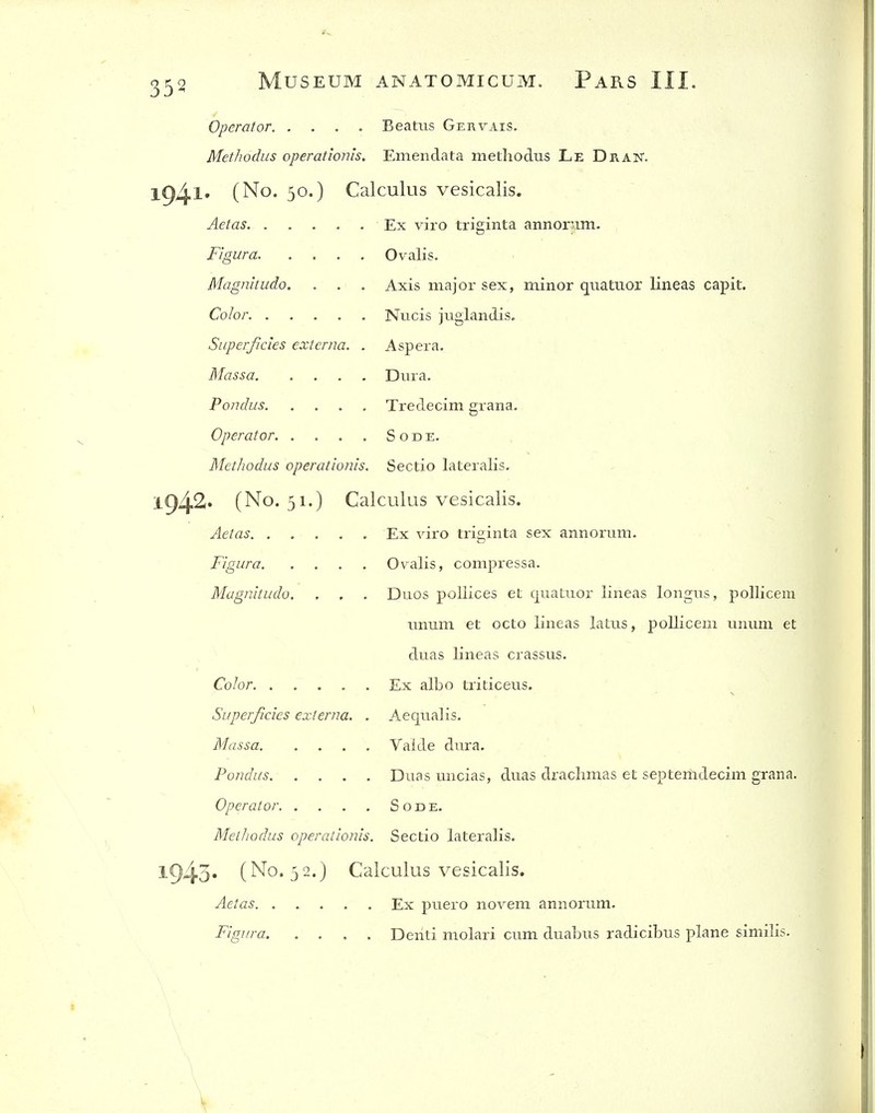Operator Beams Gertais. Methodus operationis. Emendata niethodus Le Drak. l94l' (No. 50.) Calculus vesicalis. Aetas Ex viro triginta annorum. Figura Ovalis. Magnitudo. . . . Axis major sex, minor quatuor lineas capit. Color Nucis juglandis. Superficies externa. . Aspera. Massa Dura. Pandas Tredecim grana. Operator S o d e. Methodus operationis. Sectio lateralis. 1942. (No. 51.) Calculus vesicalis. Aetas Ex viro triginta sex annorum. Figura Ovalis, compressa. Magnitudo. . , . Duos pollices et quatuor lineas longus, pollicem unum et octo lineas latus, pollicem unum et duas lineas crassus. Color Ex albo triticeus. Superficies externa. . Aequalis. Massa Valde dura. Pondus Duas uncias, duas drachmas et septemdecim grana. Operator S o d e. Methodus operationis. Sectio lateralis. 1943* (N^O'52') Calculus vesicalis. Aetas Ex puero novem annorum. Figura Denti molari cum duabus radicibus plane similis.
